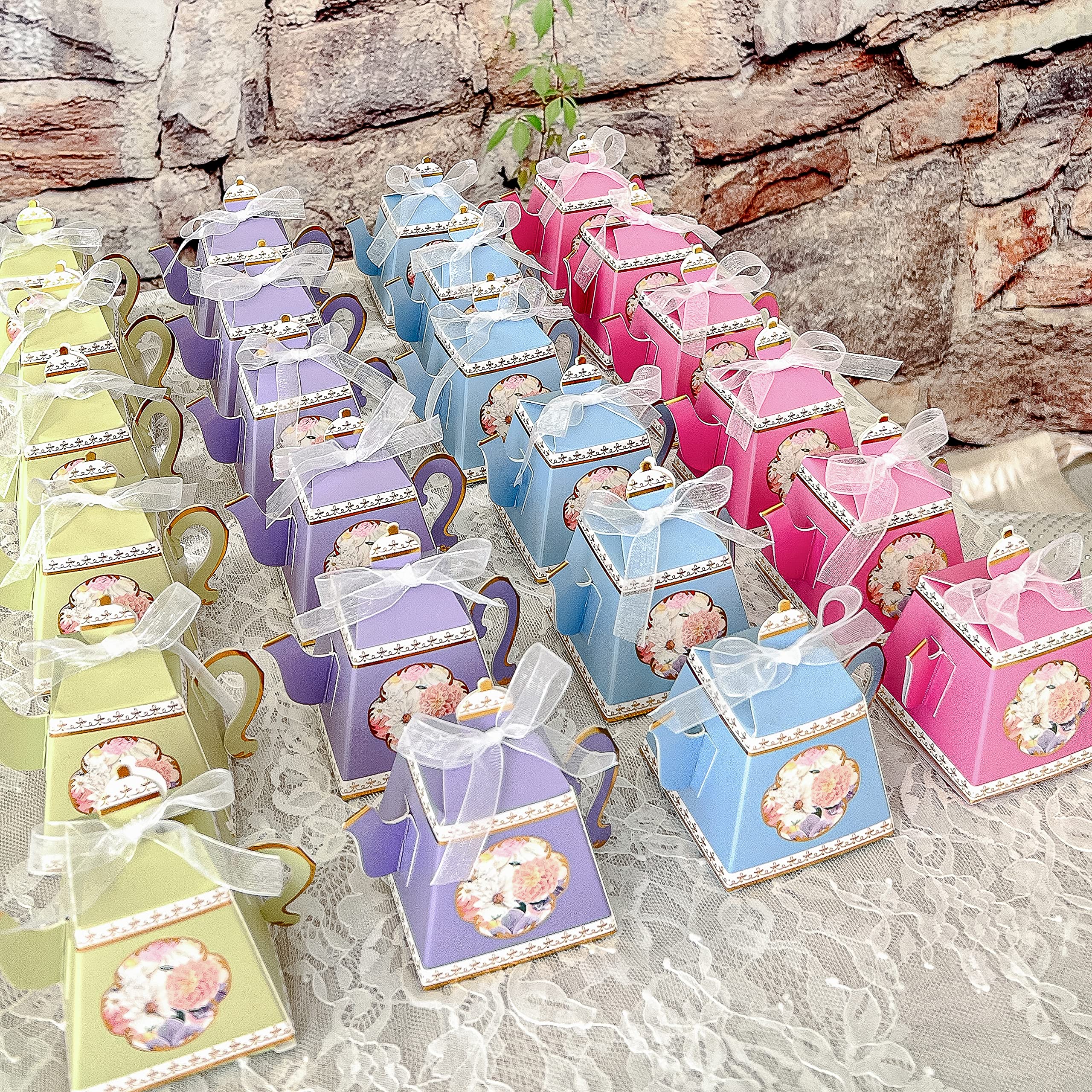 Kate Aspen Vintage Floral Tea Pot Shaped Party Favor Boxes (Set of 24 Assorted Colors) - Weddings Favors, Bridal Showers Brunche