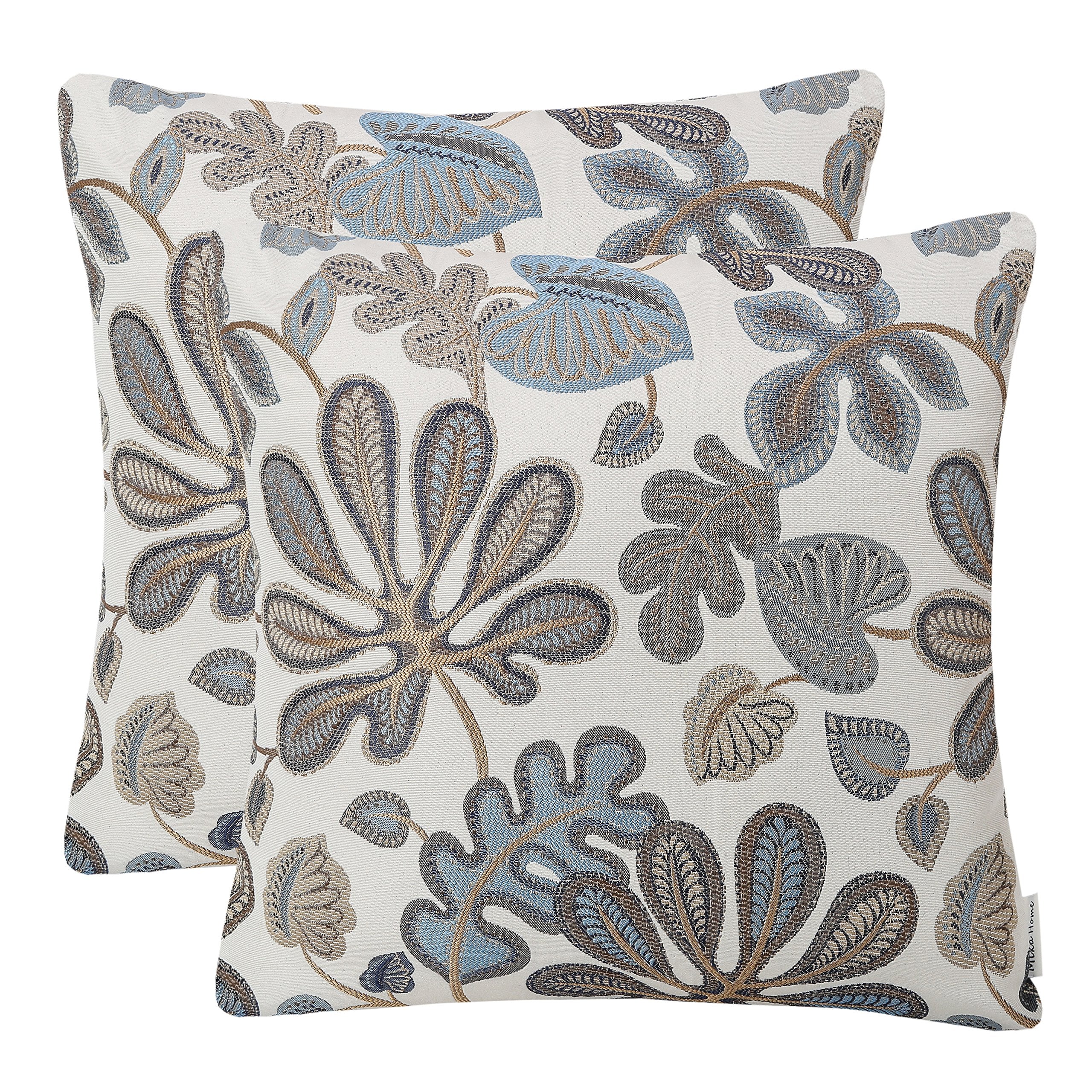 Mika Home Set Of 2 Jacquard Tropical Leaf Pattern Throw Pillow Covers Decorative Pillowcase 20X20 Inches,Blue Cream