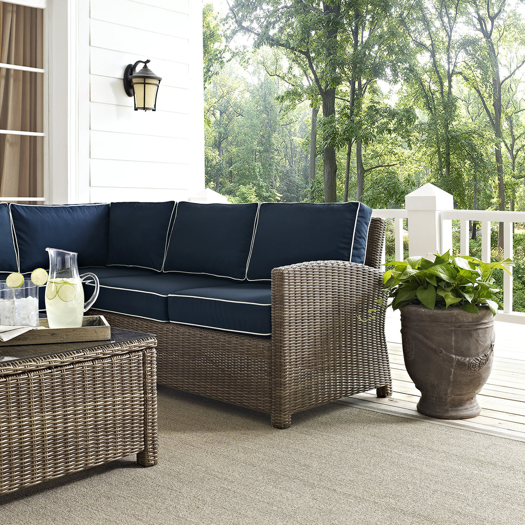 Crosley Furniture Bradenton 5-Piece Outdoor Sectional Sofa Wicker Conversation Patio Furniture Set for Deck, Brown with Navy Cushions