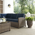 Crosley Furniture Bradenton 5-Piece Outdoor Sectional Sofa Wicker Conversation Patio Furniture Set for Deck, Brown with Navy Cushions