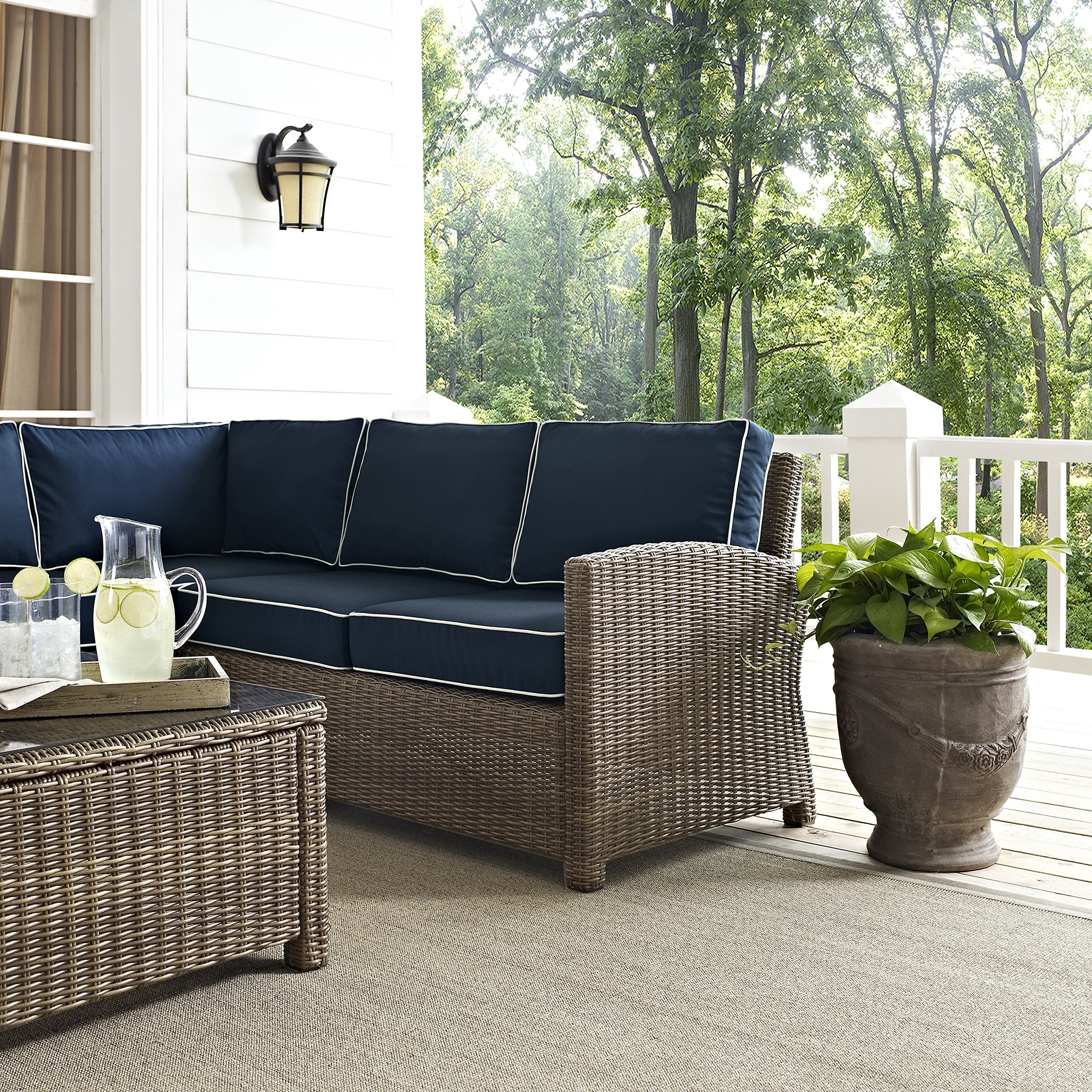 Crosley Furniture Bradenton 5-Piece Outdoor Sectional Sofa Wicker Conversation Patio Furniture Set for Deck, Brown with Navy Cushions