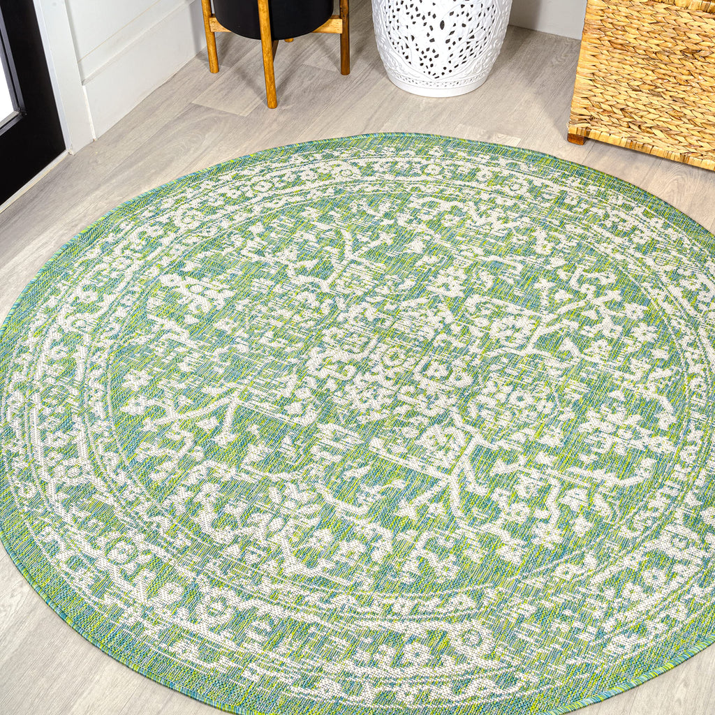 Jonathan Y Smb104F-5R Malta Bohemian Medallion Textured Weave Indoor Outdoor Area-Rug, Coastal, Vintage, Rustic Easy-Cleaning,Bedroom,Kitchen,Backyard,Patio,Non Shedding, Cream/Green, 5' Round