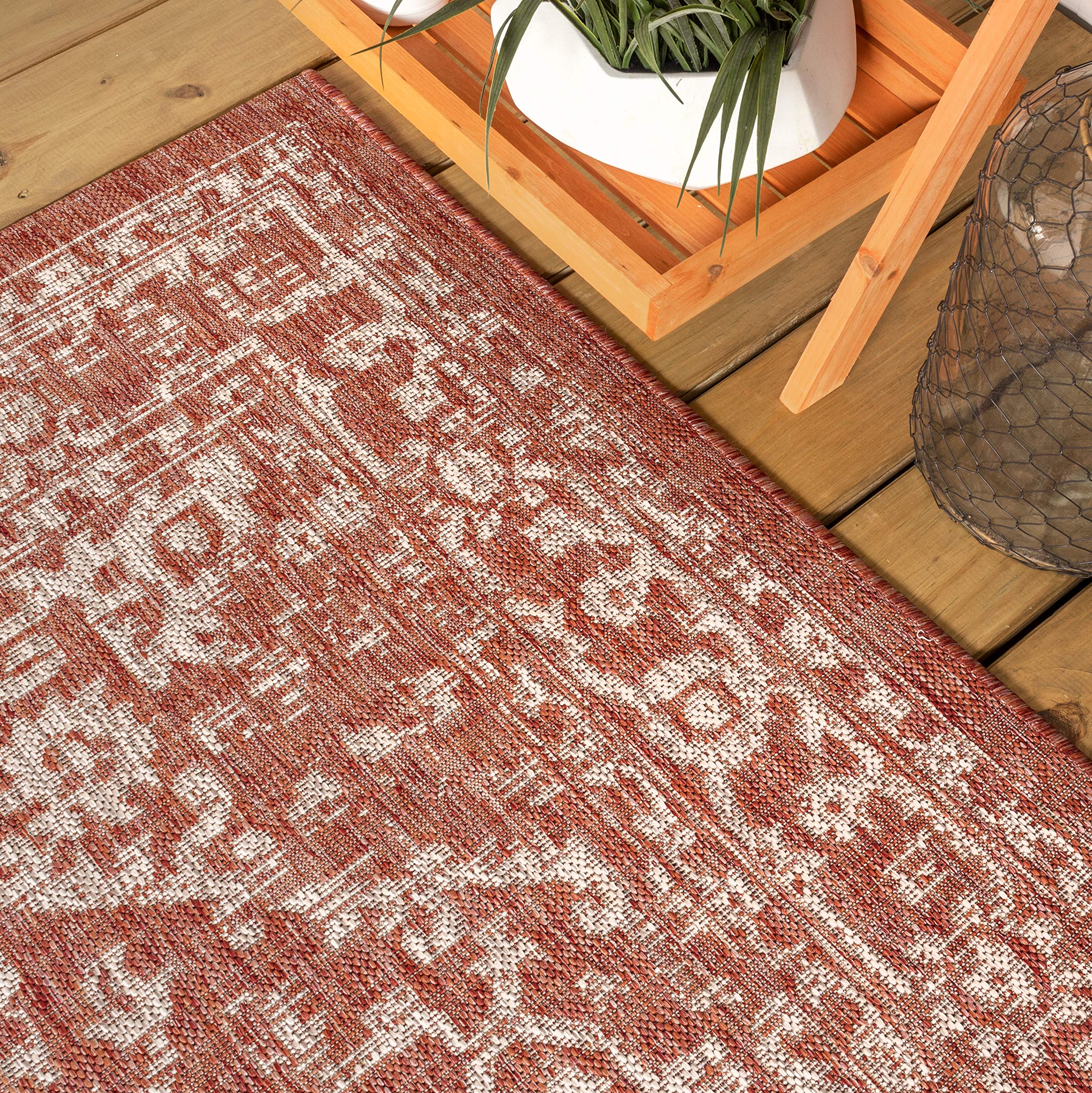 Jonathan Y Smb104A-5R Malta Bohemian Medallion Textured Weave Indoor Outdoor Area Rug, Coastal, Traditional, Transitional Easy Cleaning,Bedroom,Kitchen,Backyard,Patio,Non Shedding, Red/Taupe, 5' Round