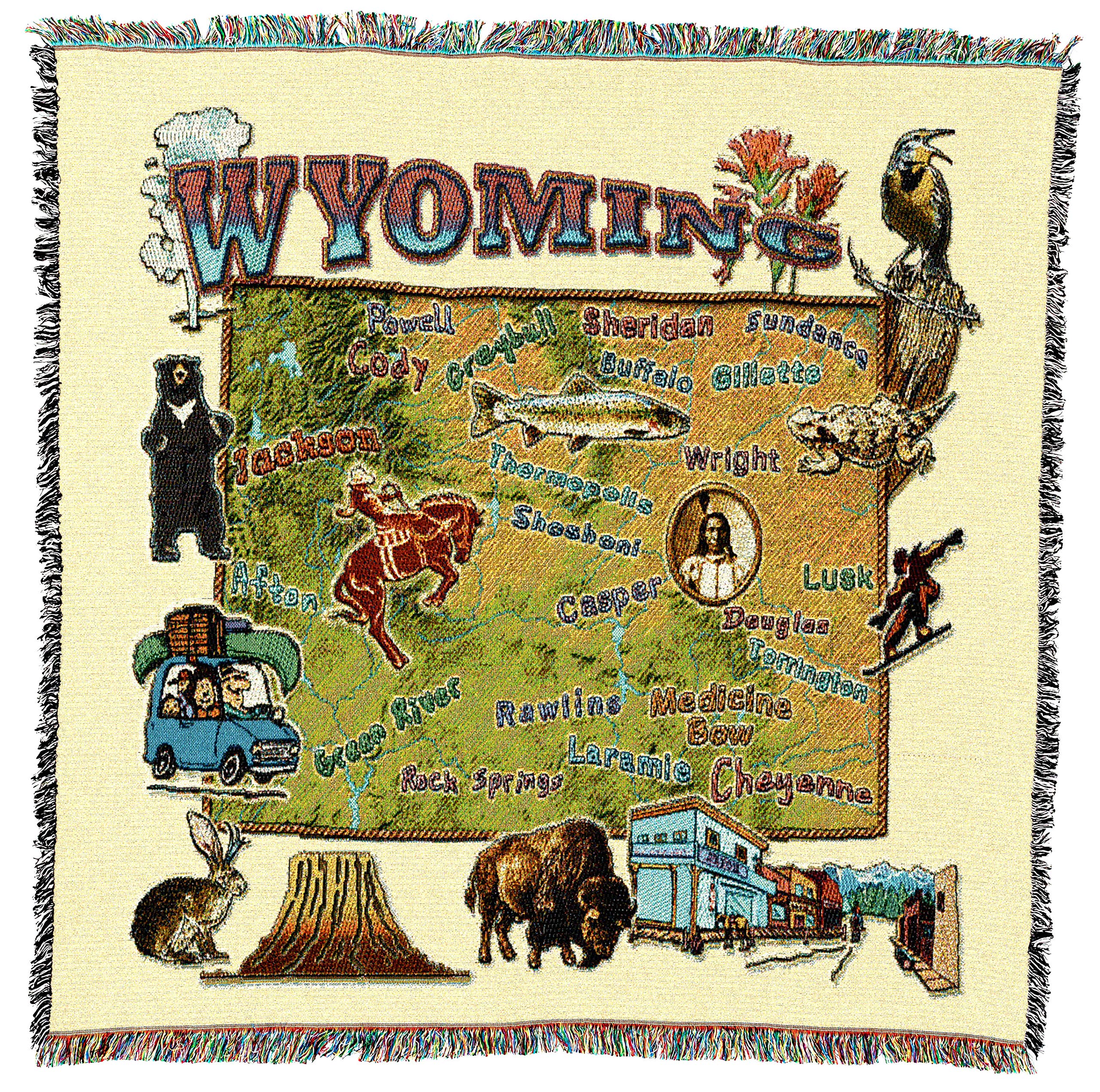 Pure Country Weavers State Of Wyoming Lap Square Blanket - Gift Tapestry Blanket Throw Woven From Cotton - Made In The Usa (54X5