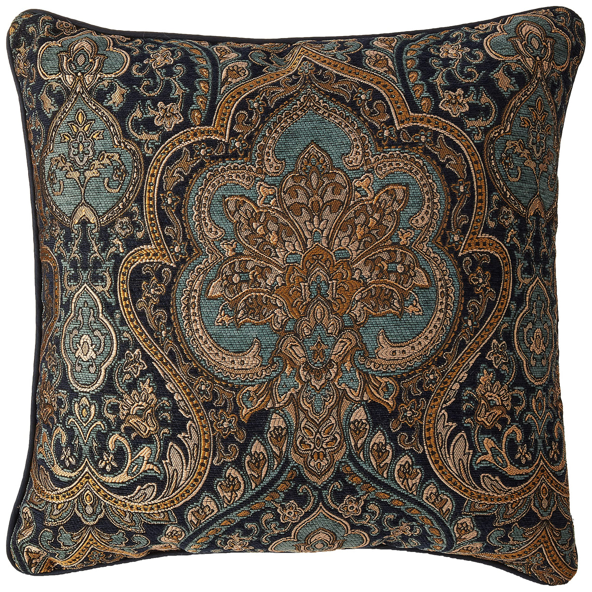Reaowazo Palmer 20 Inch Square Damask Throw Pillow, Teal Navy Gold