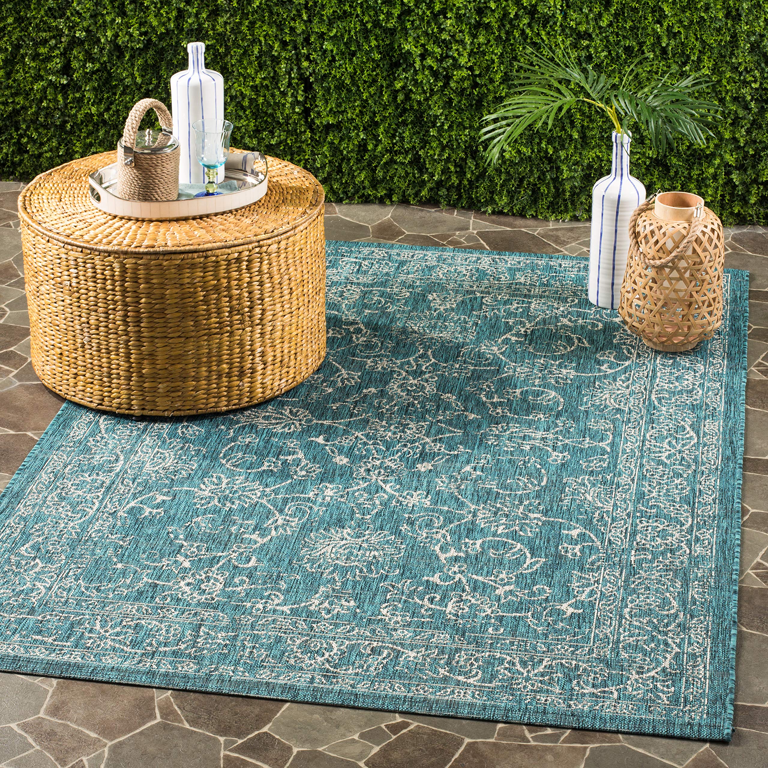Safavieh Courtyard Collection Area Rug - 9' X 12', Turquoise, Non-Shedding & Easy Care, Indoor/Outdoor & Washable-Ideal For Patio, Backyard, Mudroom (Cy8680-37221)