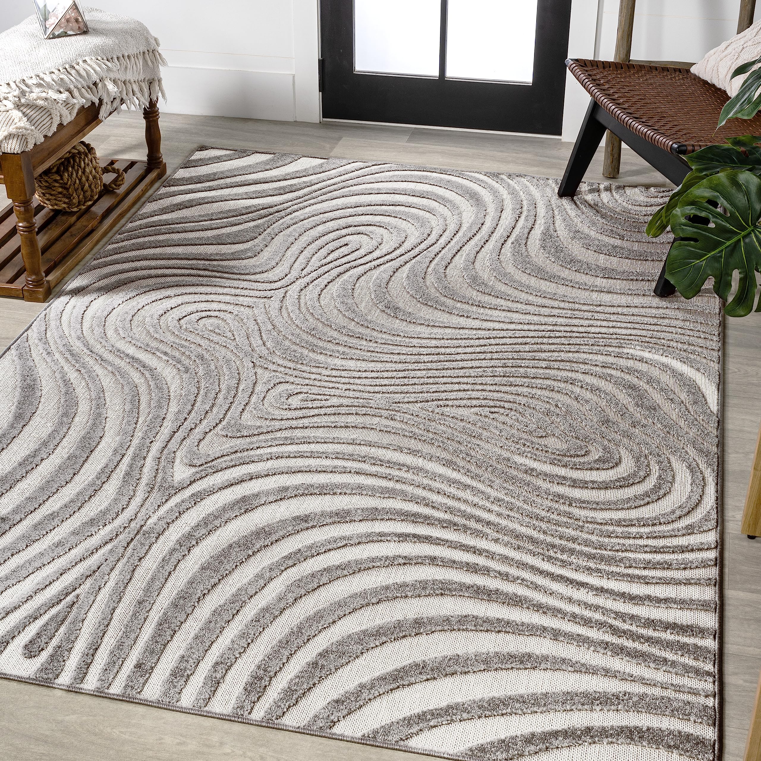 JONATHAN Y SCN103B-18 Maribo High-Low Abstract Groovy Striped Gray/Ivory 12 ft. x 18 ft. Indoor/Outdoor Area Rug, Pet Friendly, 