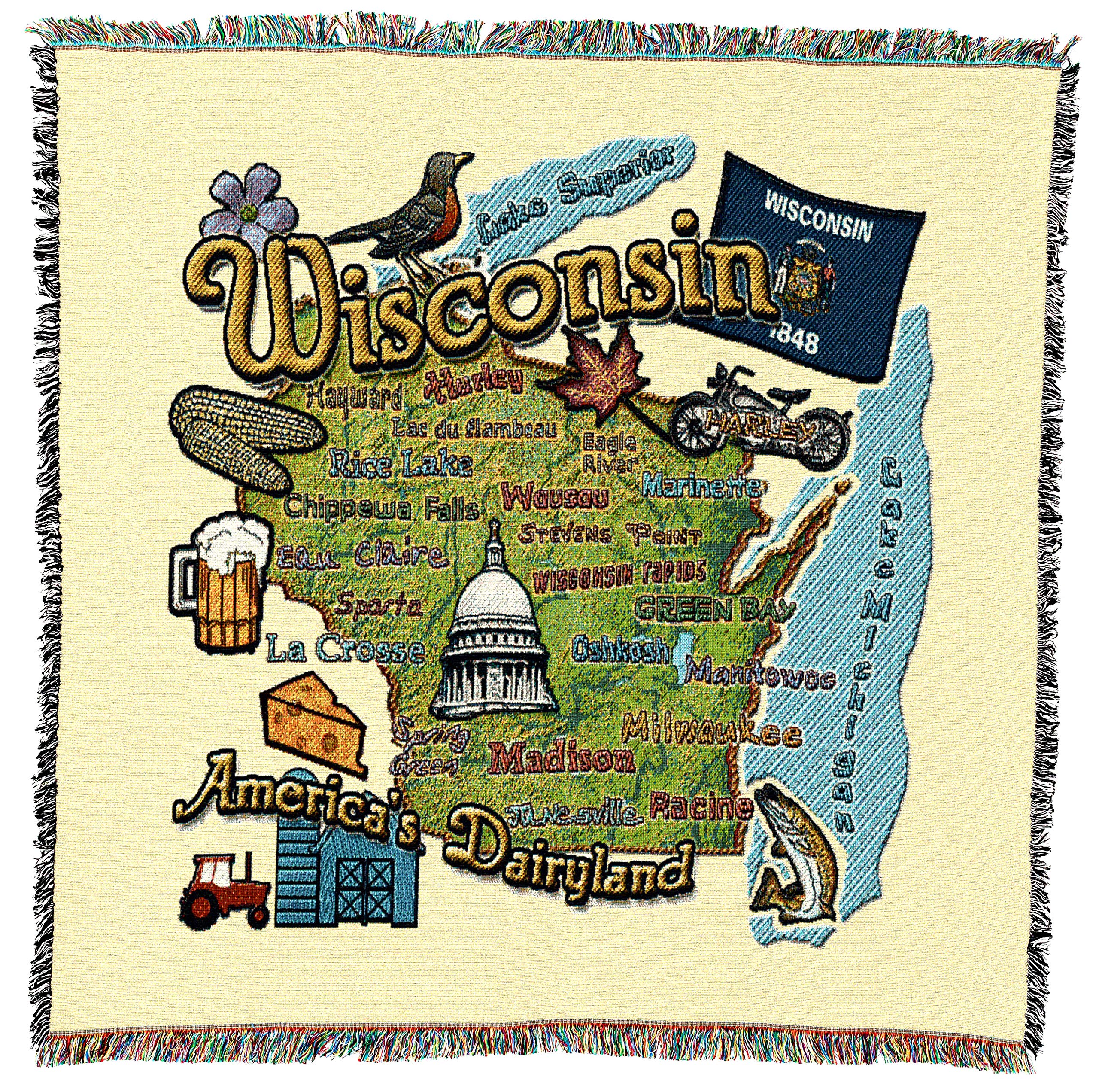 Pure Country Weavers State Of Wisconsin Lap Square Blanket - Gift Tapestry Blanket Throw Woven From Cotton - Made In The Usa (54