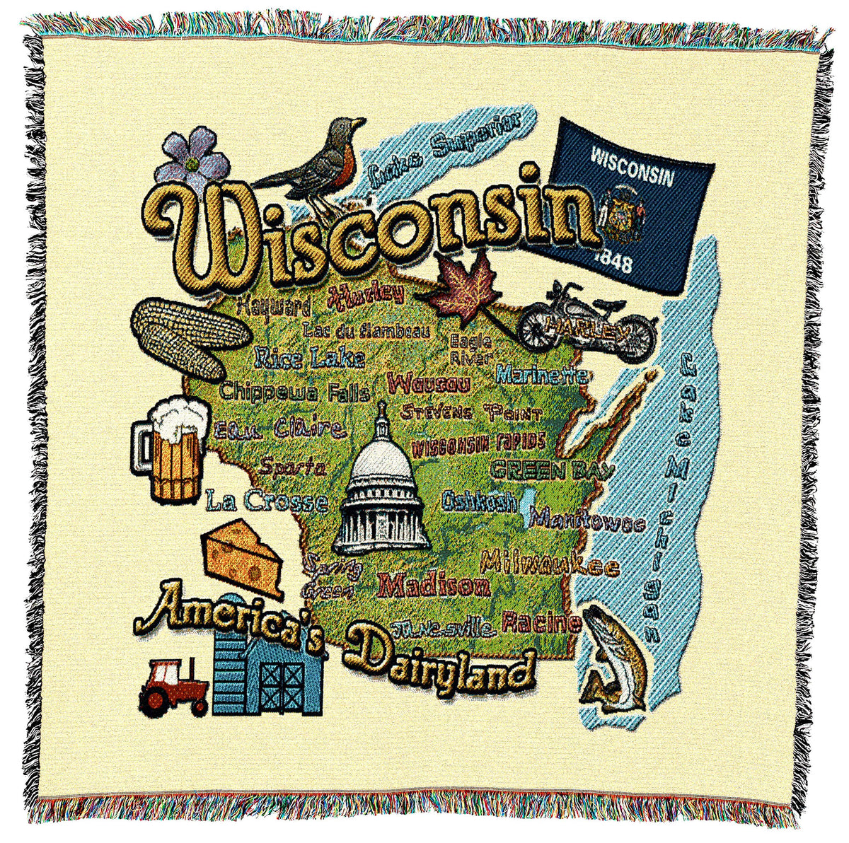 Pure Country Weavers State Of Wisconsin Lap Square Blanket - Gift Tapestry Blanket Throw Woven From Cotton - Made In The Usa (54