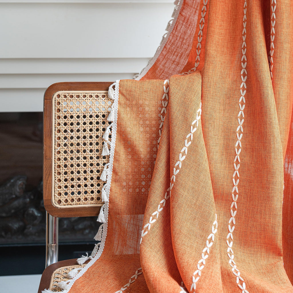 Sutuo Home Orange Boho Curtains For Bedroom Living Room, Semi Blackout Linen Farmhouse Shabby Chic Tassels Window Treatment Bohemian Embroidery Drape, Rod Pocket 1 Panel 52' W X 96' L