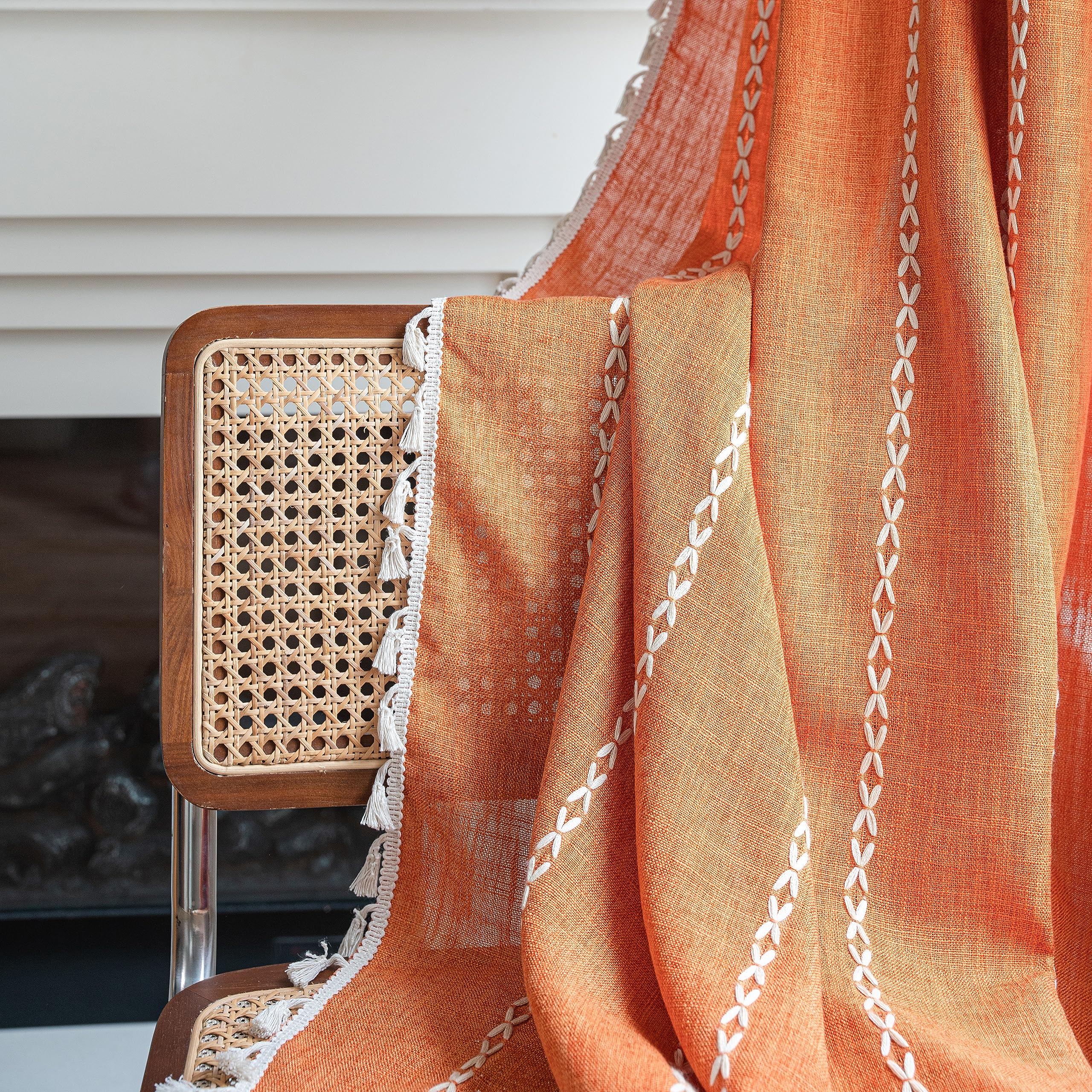 Sutuo Home Orange Boho Curtains For Bedroom Living Room, Semi Blackout Linen Farmhouse Shabby Chic Tassels Window Treatment Bohemian Embroidery Drape, Rod Pocket 1 Panel 52' W X 96' L