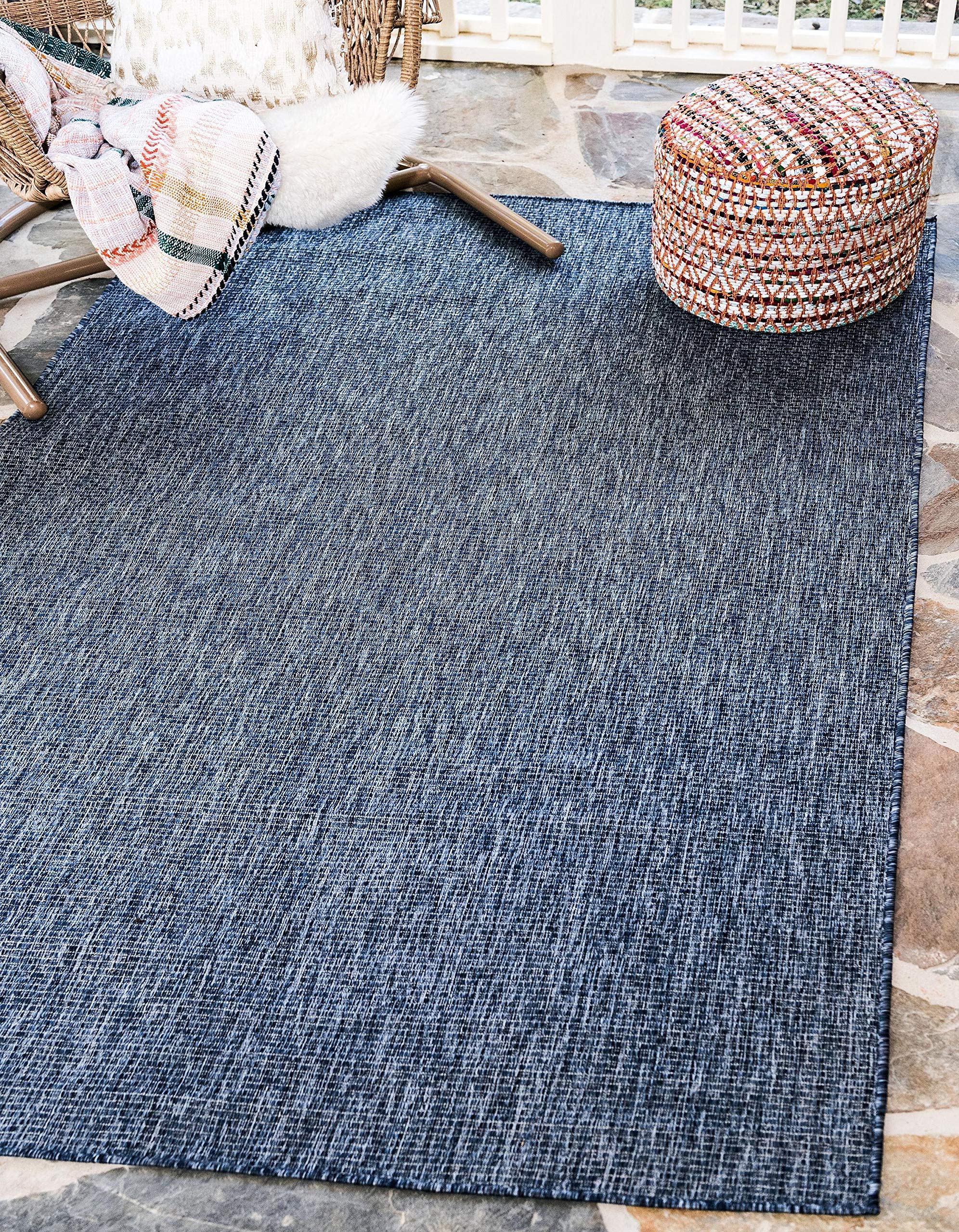 Unique Loom Collection Casual Transitional Solid Heathered Indoor/Outdoor Flatweave Area Rug (5' 3' X 8' Rectangle, Blue/Navy Blue)