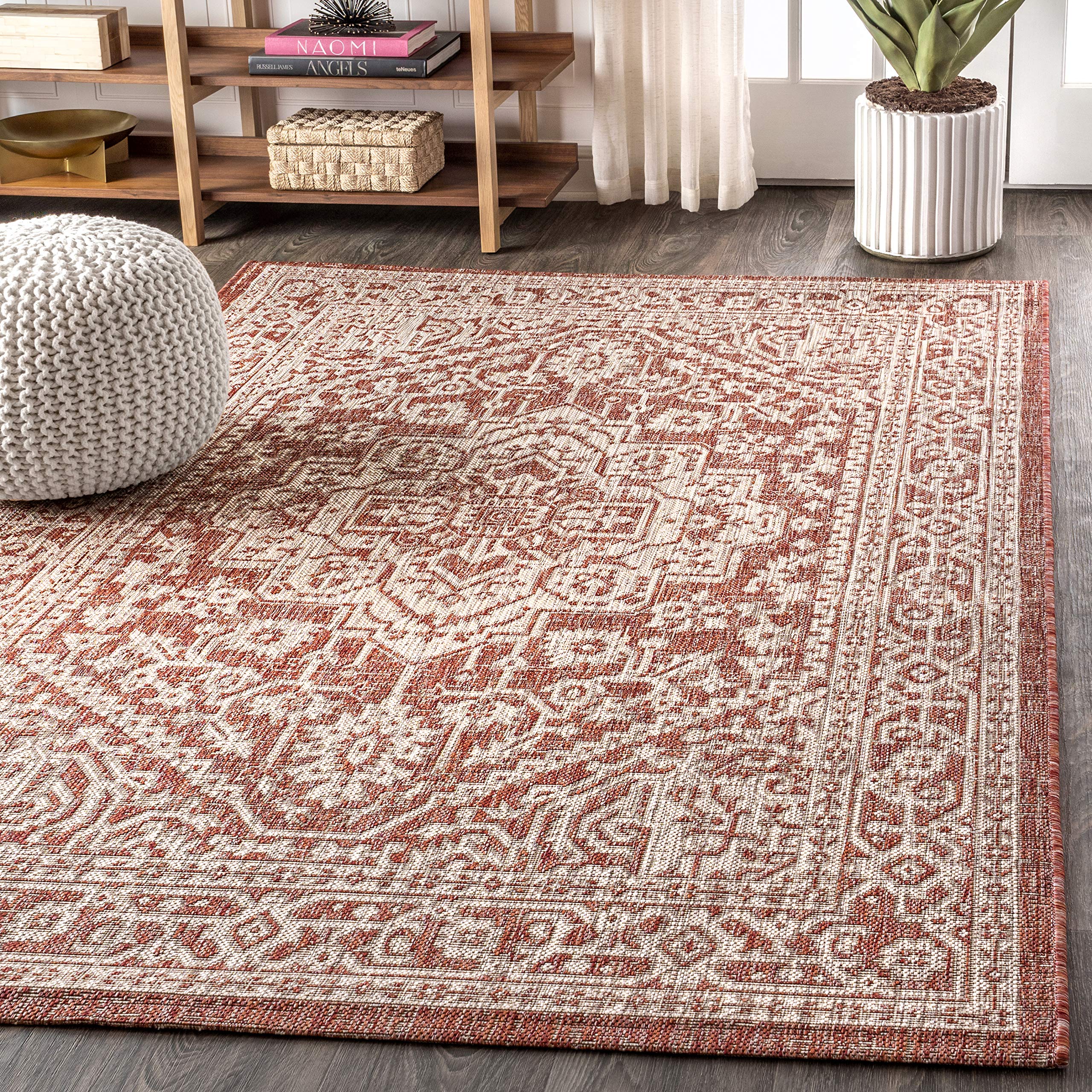 Jonathan Y Smb101A-8 Sinjuri Medallion Textured Weave Indoor Outdoor Area-Rug Coastal Bohemian Rustic Glam Easy-Cleaning Bedroom Kitchen Backyard Patio Non Shedding, 8 X 10, Red/Taupe