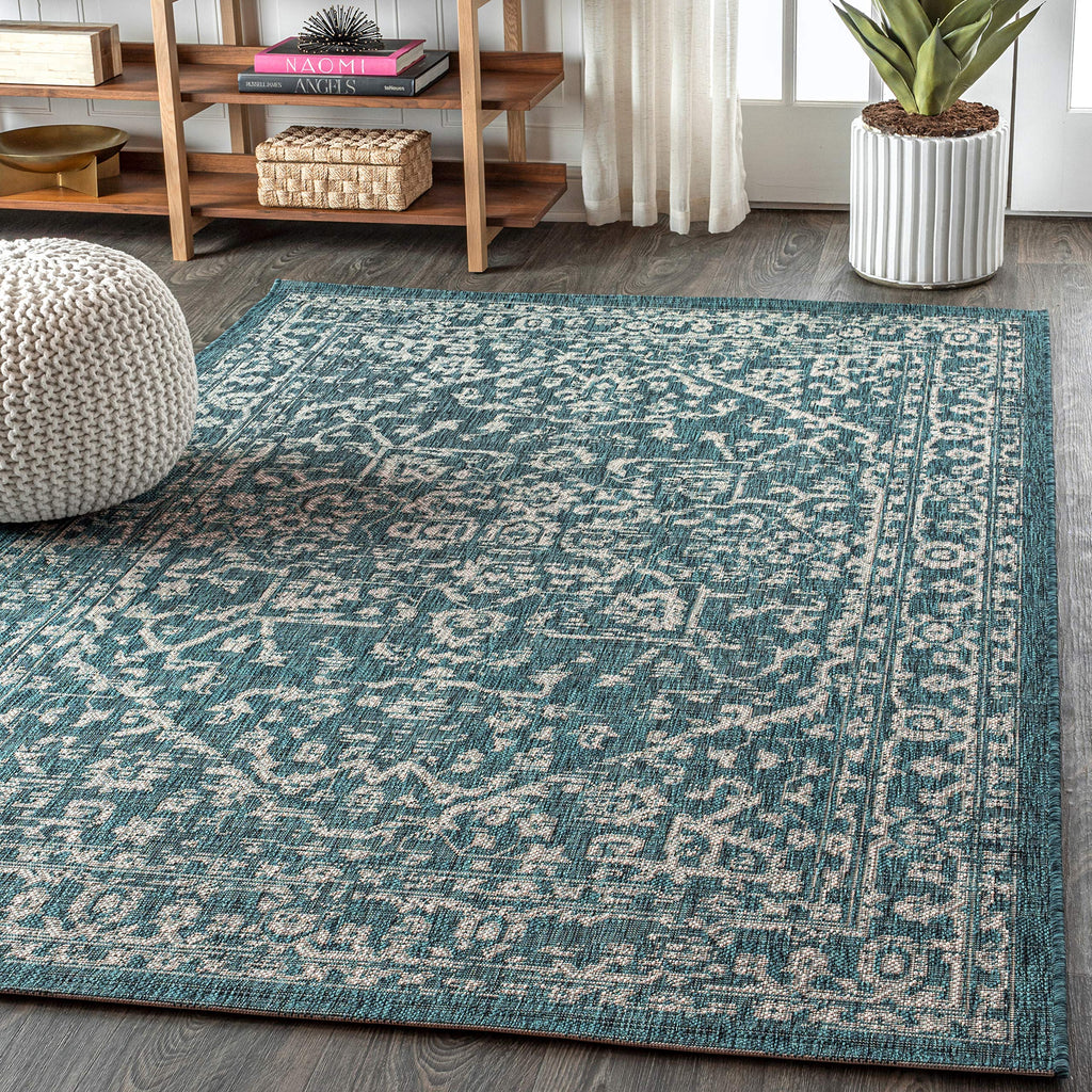 Jonathan Y Smb104B-9 Malta Bohemian Medallion Textured Weave Indoor Outdoor -Area Rug, Coastal, Traditional, Transitional Easy-Cleaning,Bedroom,Kitchen,Backyard,Patio,Non Shedding, Teal/Gray, 9 X 12