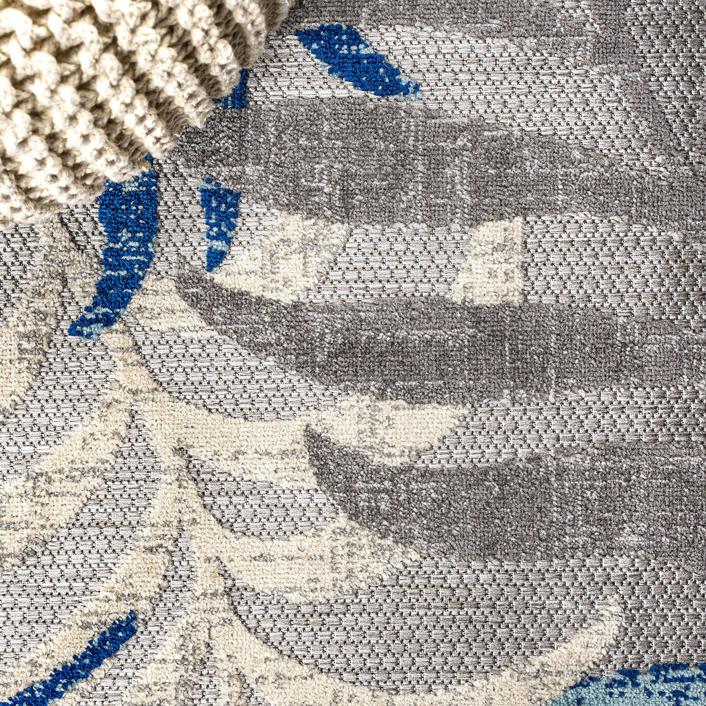 Jonathan Y Amc100A-28 Tropics Palm Leaves Indoor Outdoor Area-Rug Bohemian Floral Easy-Cleaning High Traffic Bedroom Kitchen Backyard Patio Porch Non Shedding, 2 X 8, Gray/Blue