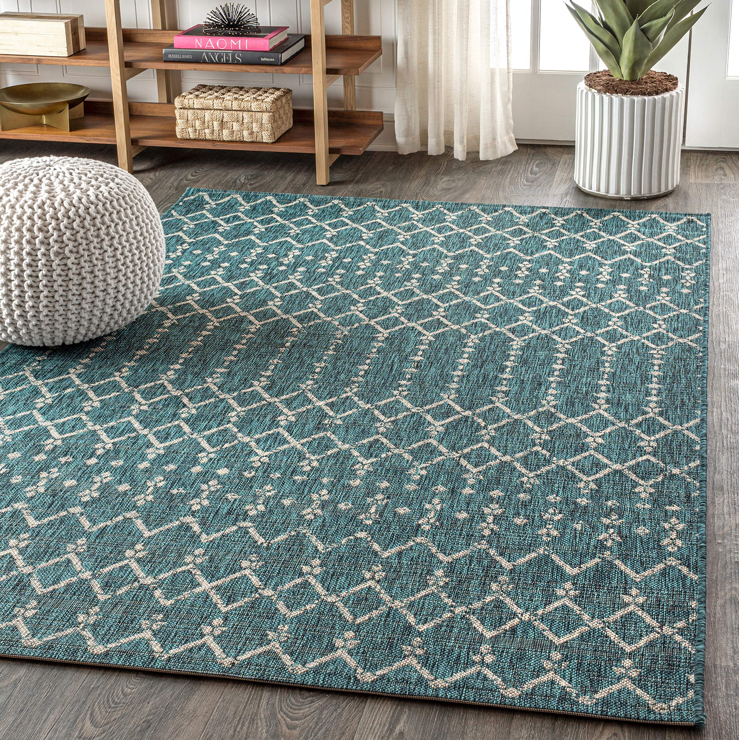 Jonathan Y Smb108C-5 Ourika Moroccan Geometric Textured Weave Indoor Outdoor Area-Rug, Bohemian, Rustic, Scandinavian Easy-Cleaning,Bedroom,Kitchen,Backyard,Patio,Non Shedding, Teal/Gray, 5 X 8