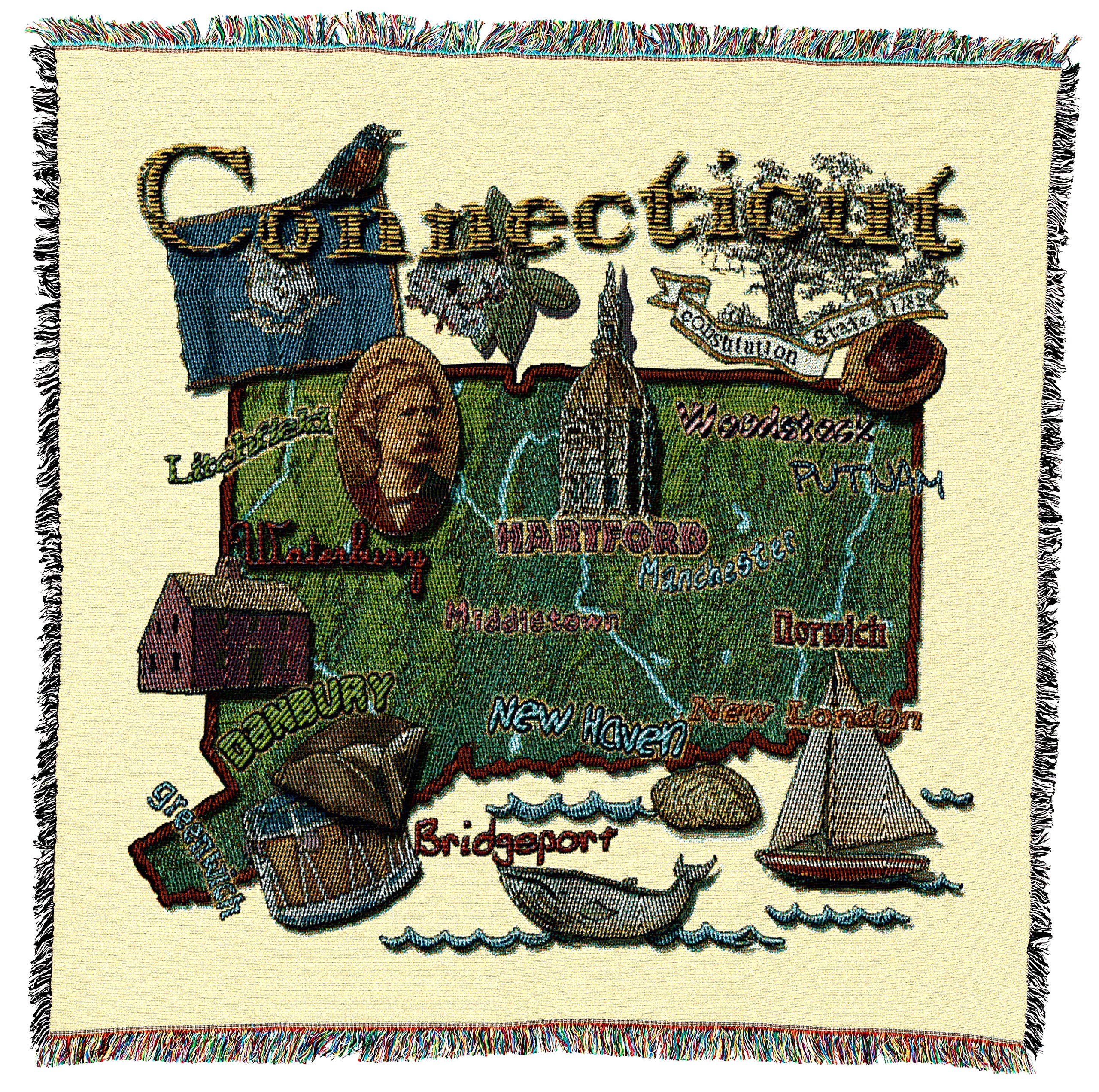 Pure Country Weavers State Of Connecticut Lap Square Blanket - Gift Tapestry Blanket Throw Woven From Cotton - Made In The Usa (
