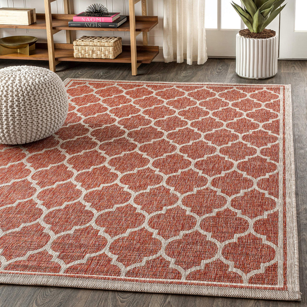Jonathan Y Smb109C-3 Trebol Moroccan Trellis Textured Weave Indoor Outdoor Area Rug Bohemian Modern Easy Cleaning Bedroom Kitchen Backyard Patio Non Shedding, 3 X 5, Red/Beige