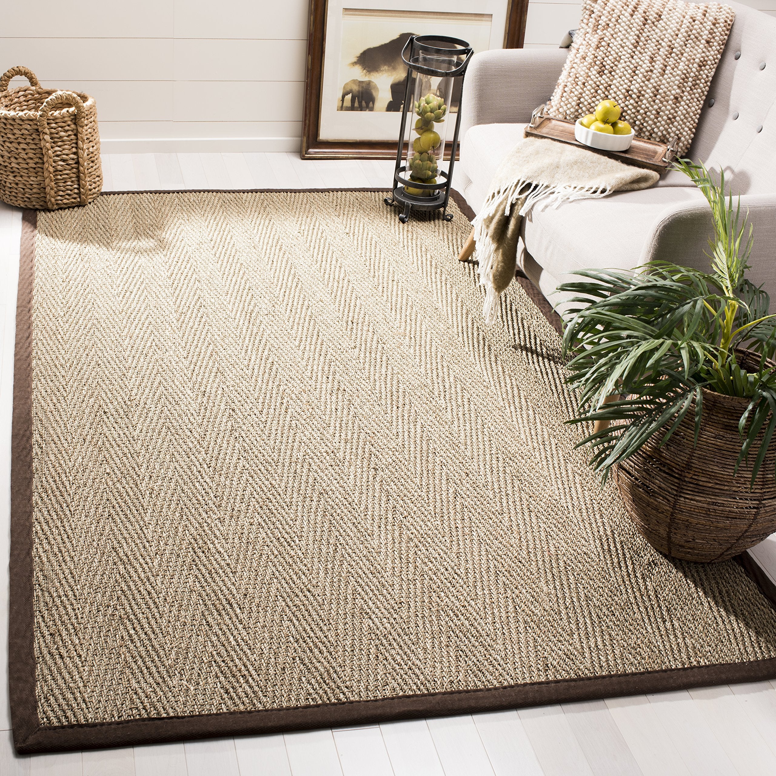 SAFAVIEH Natural Fiber Collection Accent Rug - 4 x 6, Natural & Dark Brown, Border Herringbone Seagrass Design, Easy Care, Ide