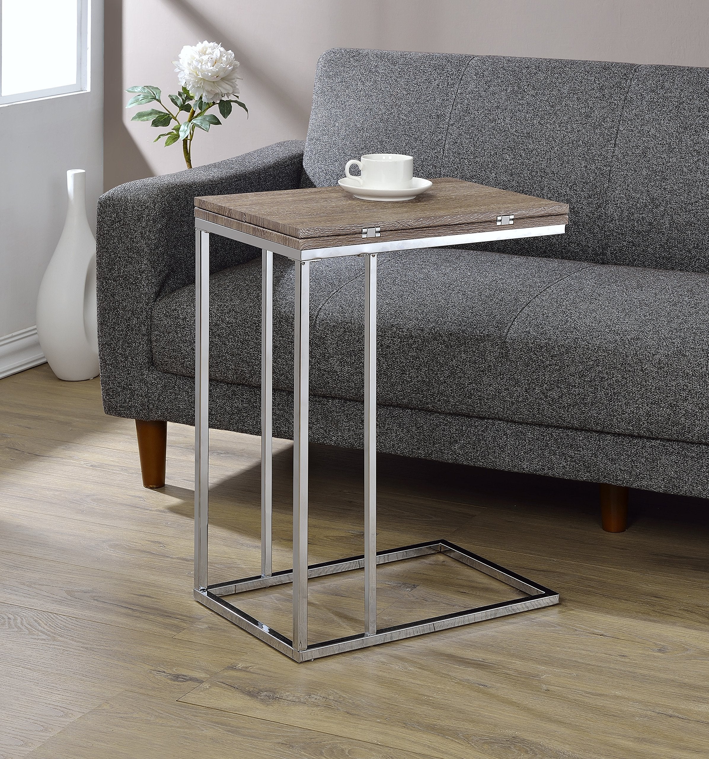 Acme Denson Rectangular Swivel Wooden Top End Table In Gray Oak And Chrome