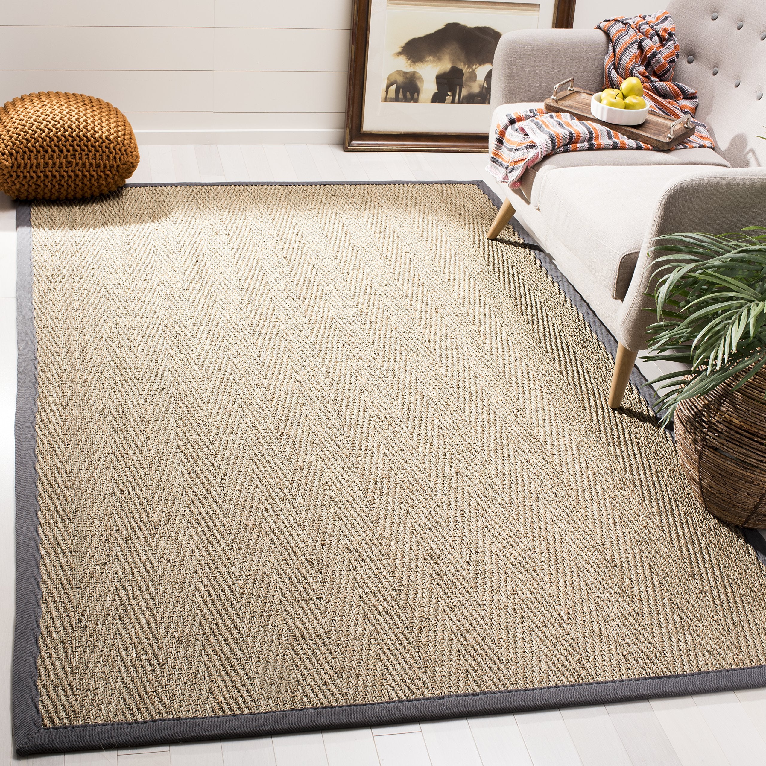 SAFAVIEH Natural Fiber Collection Accent Rug - 4 x 6, Natural & Dark Grey, Border Herringbone Seagrass Design, Easy Care, Idea