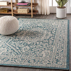 Jonathan Y Smb101C-4 Sinjuri Medallion Textured Weave Indoor/Outdoor Teal Blue/Gray 4 Ft. X 6 Ft. Area-Rug, Coastal,Easy-Cleaning,Hightraffic,Livingroom,Backyard, Non Shedding