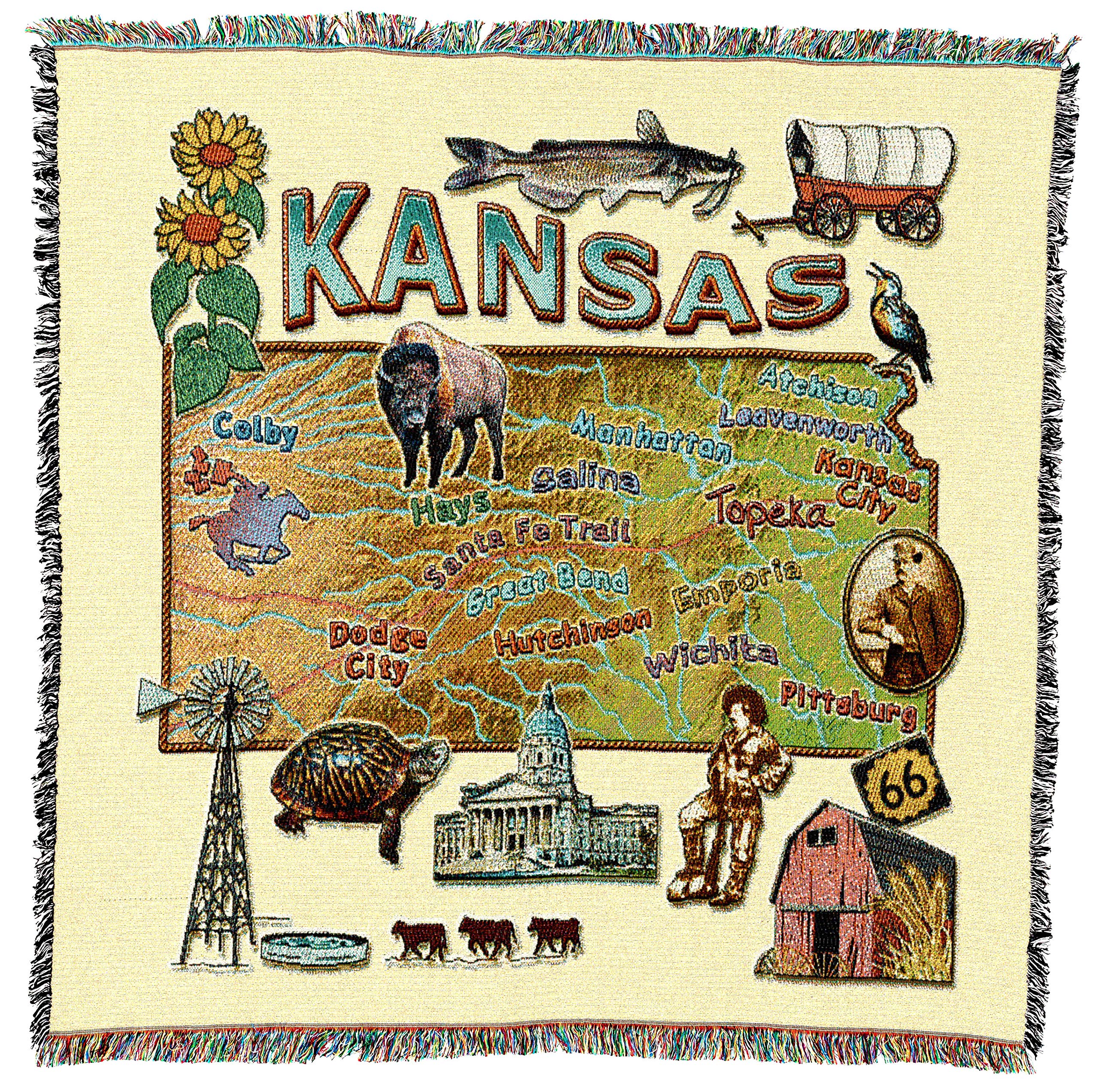 Pure Country Weavers State Of Kansas Lap Square Blanket - Gift Tapestry Blanket Throw Woven From Cotton - Made In The Usa (54X54