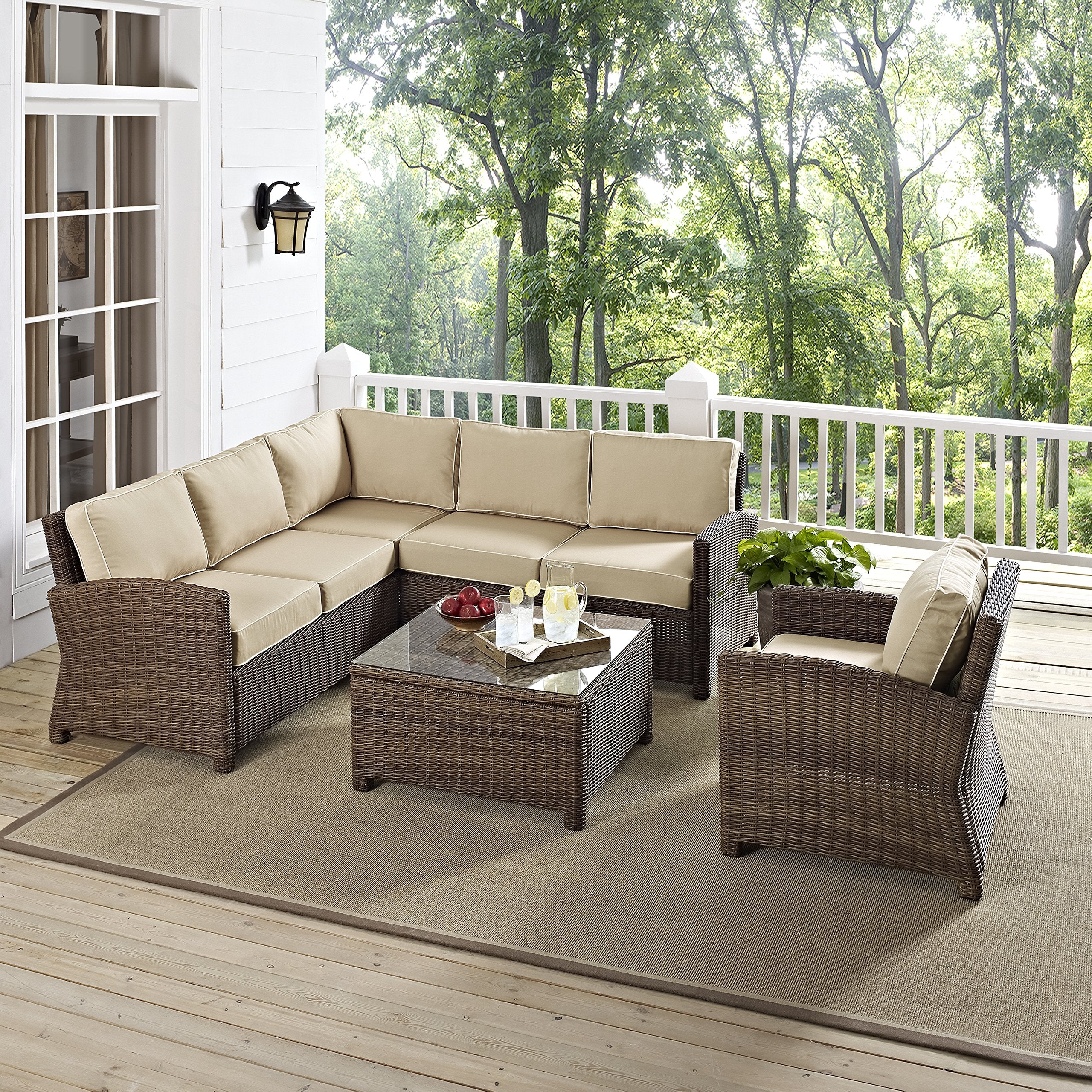 Crosley Furniture Bradenton 5-Piece Outdoor Sectional Sofa Wicker Conversation Patio Furniture Set for Deck, Brown with Sand Cushions