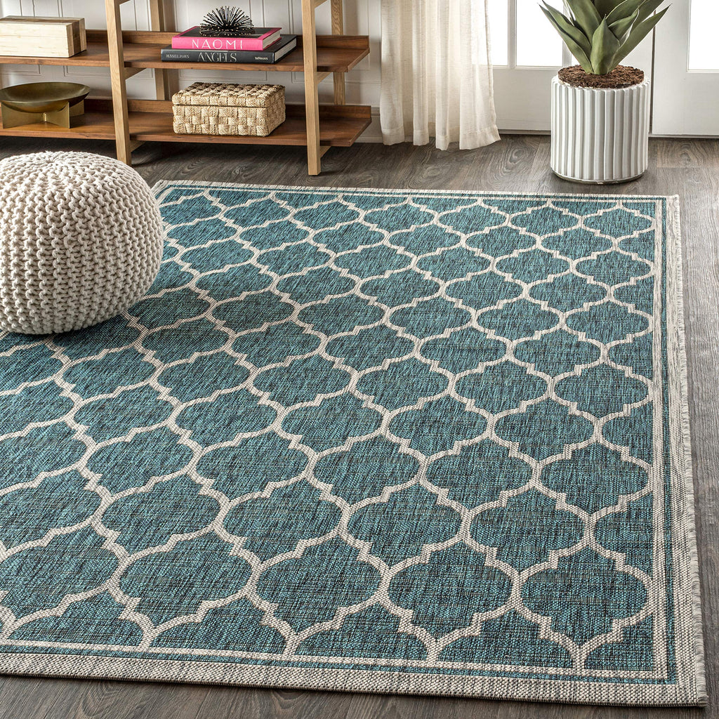 Jonathan Y Smb109E-3 Trebol Moroccan Trellis Textured Weave Indoor Outdoor Area Rug Bohemian Modern Easy Cleaning Bedroom Kitchen Backyard Patio Non Shedding, 3 X 5, Teal/Gray