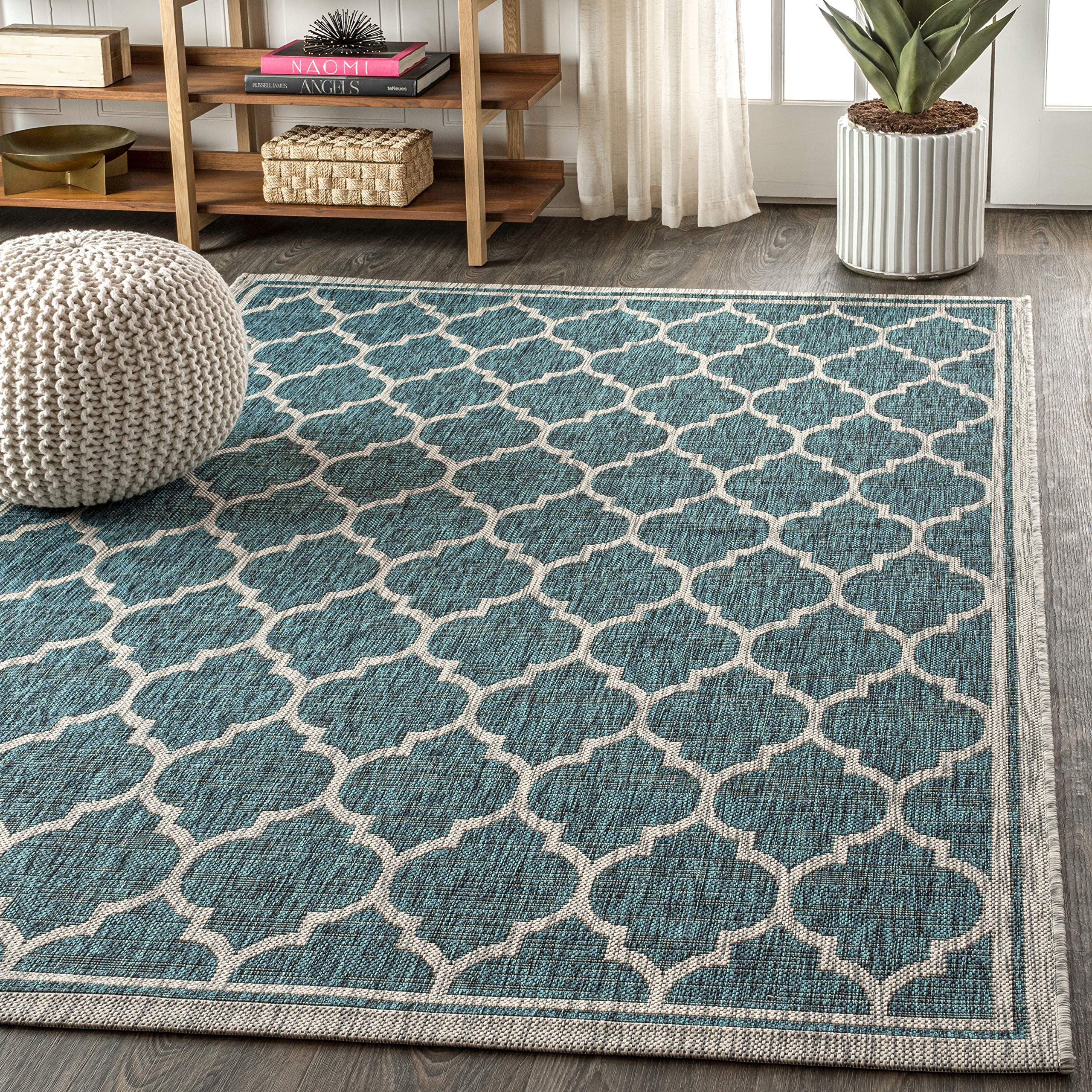 Jonathan Y Smb109E-3 Trebol Moroccan Trellis Textured Weave Indoor Outdoor Area Rug Bohemian Modern Easy Cleaning Bedroom Kitchen Backyard Patio Non Shedding, 3 X 5, Teal/Gray