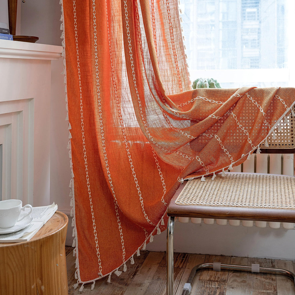 Sutuo Home Orange Boho Curtains For Bedroom Living Room, Semi Blackout Linen Farmhouse Shabby Chic Tassels Window Treatment Bohemian Embroidery Drape, Rod Pocket 1 Panel 52' W X 96' L