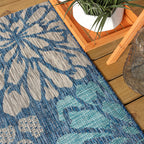 Jonathan Y Smb110C-214 Zinnia Modern Floral Textured Weave Indoor/Outdoor Runner Rug, Bohemian, Coastal, Transitional For Bedroom, Kitchen, Living Room, Easy-Cleaning, Navy/Aqua, 2 Ft. X 14 Ft.