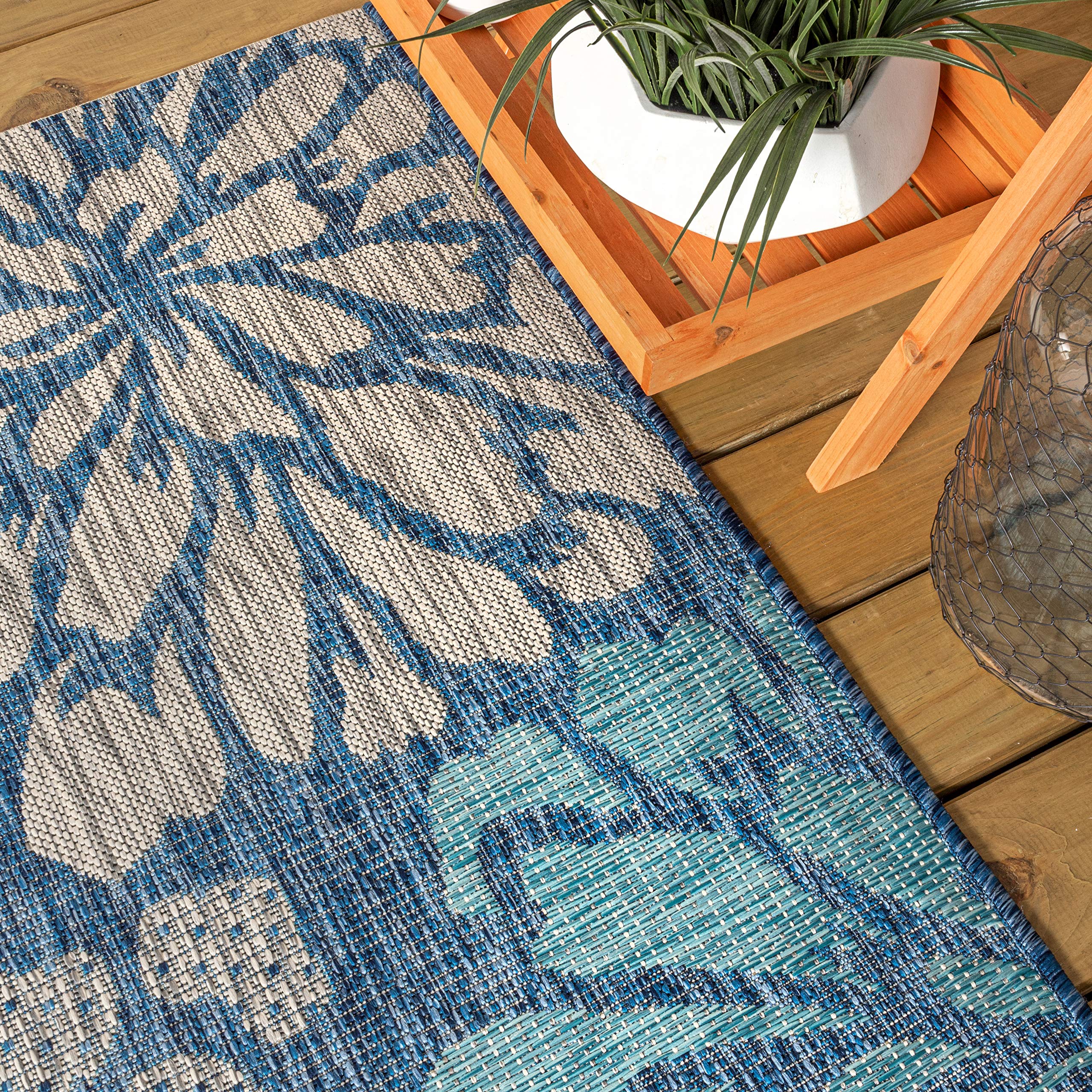 Jonathan Y Smb110C-214 Zinnia Modern Floral Textured Weave Indoor/Outdoor Runner Rug, Bohemian, Coastal, Transitional For Bedroom, Kitchen, Living Room, Easy-Cleaning, Navy/Aqua, 2 Ft. X 14 Ft.