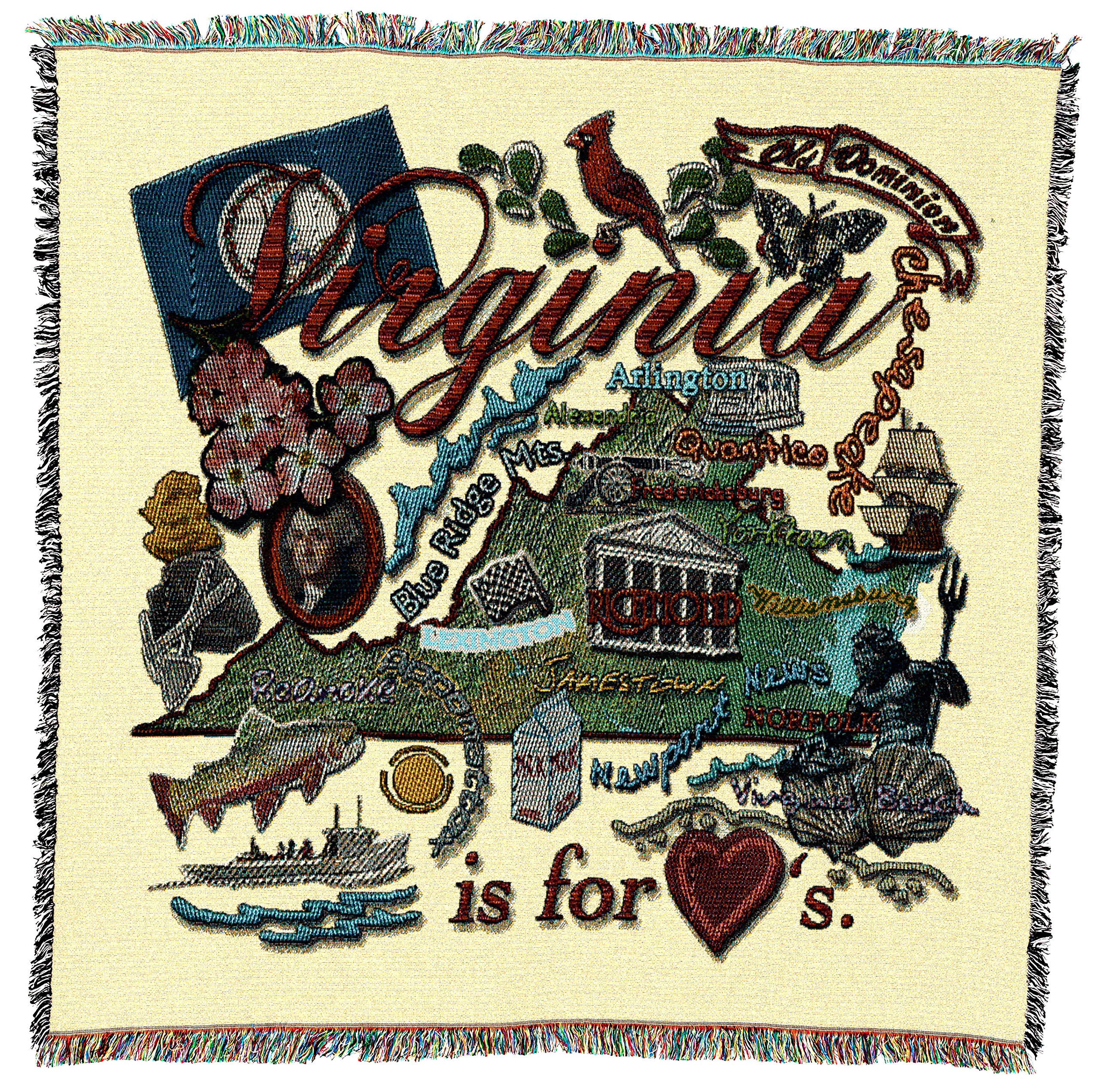 Pure Country Weavers State Of Virginia Lap Square Blanket - Gift Tapestry Blanket Throw Woven From Cotton - Made In The Usa (54X