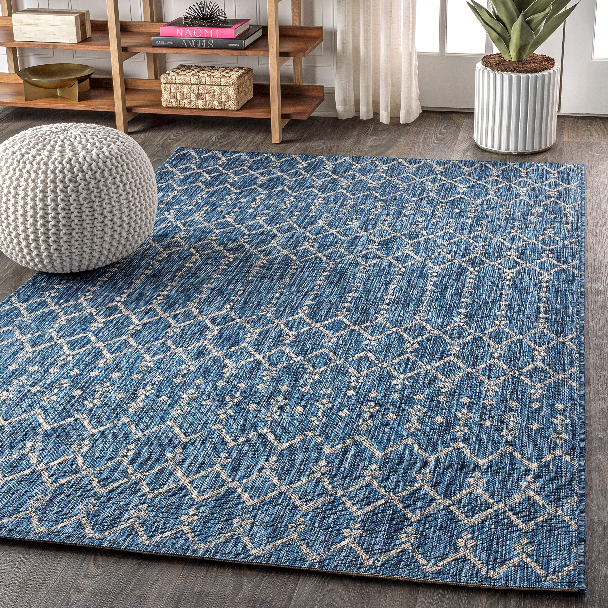 Jonathan Y Smb108B-4 Ourika Moroccan Geometric Textured Weave Indoor Outdoor Area-Rug, Bohemian, Rustic, Scandinavian Easy-Cleaning,Bedroom,Kitchen,Backyard,Patio,Non Shedding, Navy/Light Gray, 4 X 6