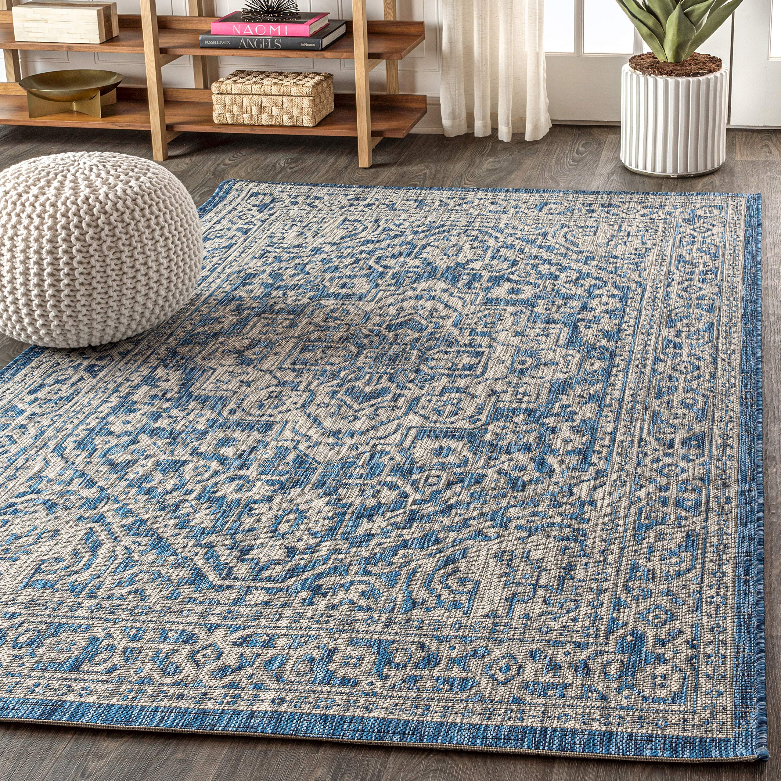 Jonathan Y Smb101B-4 Sinjuri Medallion Textured Weave Indoor/Outdoor Navy/Gray 4 Ft. X 6 Ft. Area-Rug, Coastal,Easy-Cleaning,Forhightraffic,Kitchen,Livingroom,Backyard, Non Shedding