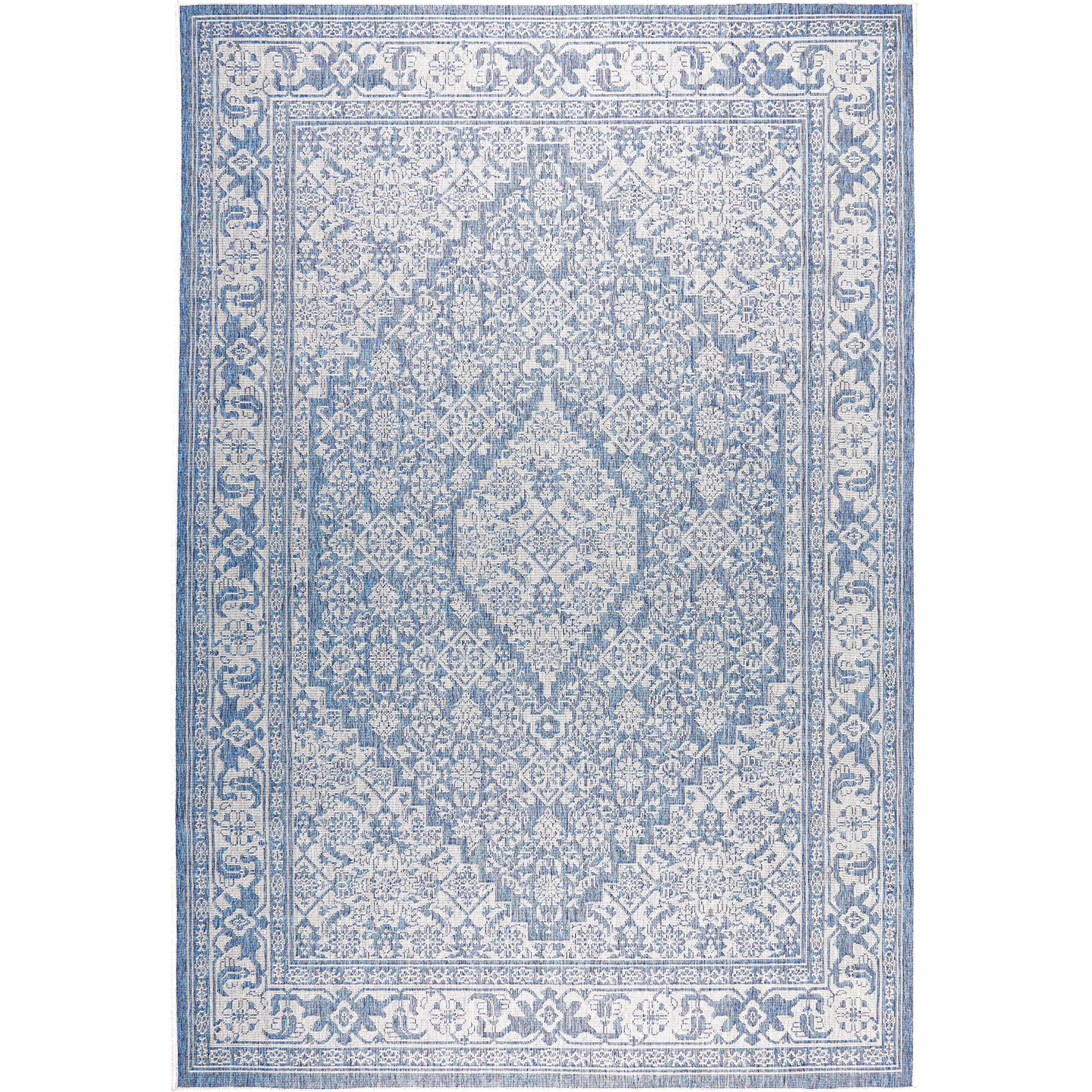 Nicole Miller New York Patio Country Dahlia Transitional Medallion Indoor/Outdoor Area Rug, Blue/Grey, 7'9'X10'2'