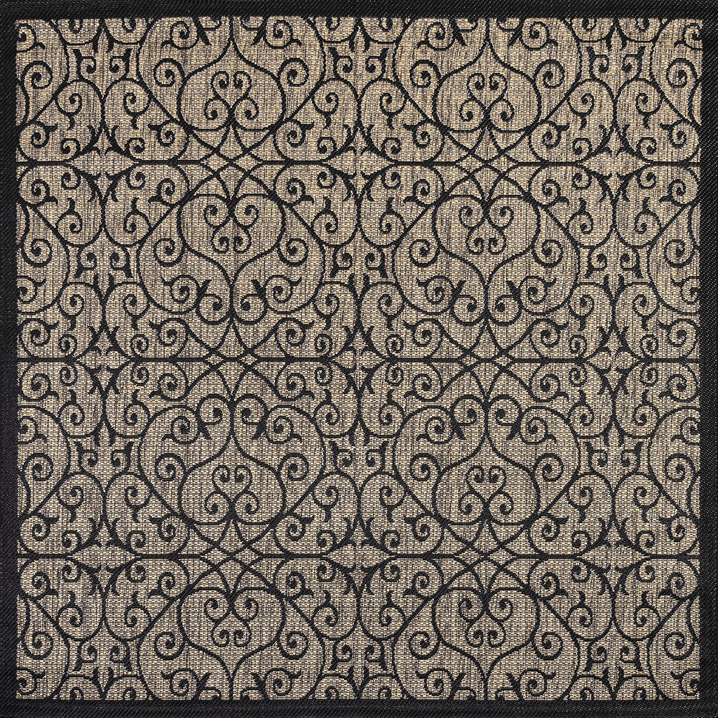 Jonathan Y Smb107A-6Sq Madrid Vintage Filigree Textured Weave Indoor Outdoor Area Rug Classic Coastal Easy Cleaning Bedroom Kitchen Backyard Patio Non Shedding, 6' Square, Black/Khaki