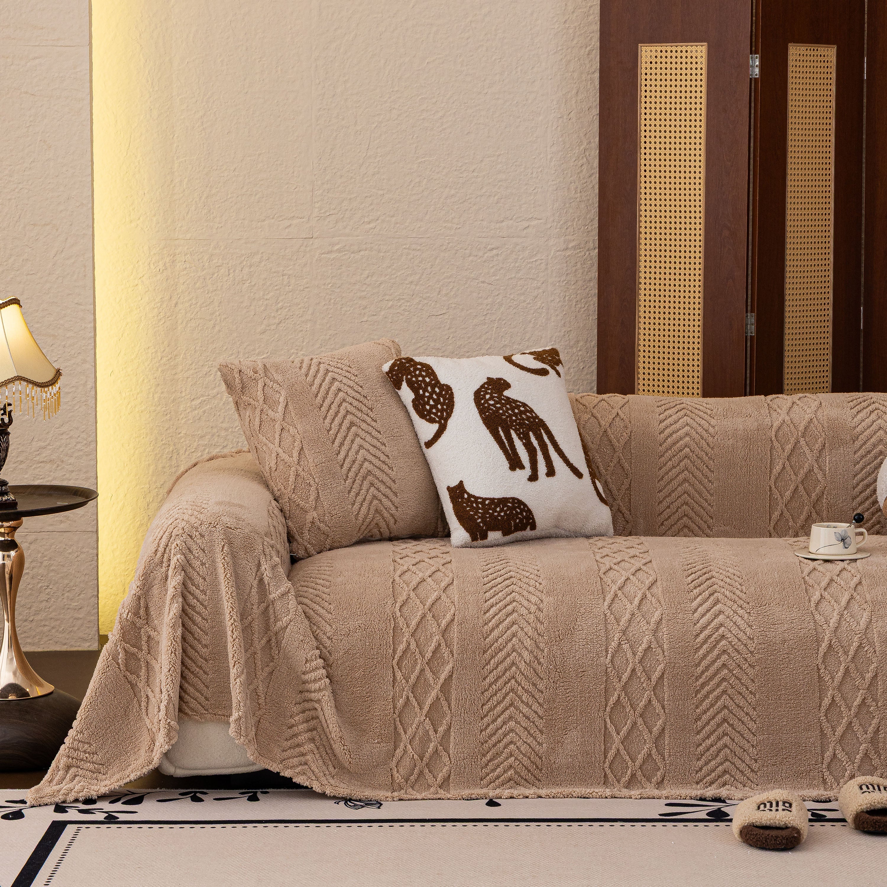 Plush Fleece Sofa Cover with 3D Cable Knit Texture Soft Cozy Warm Sofa Throw Blanket
