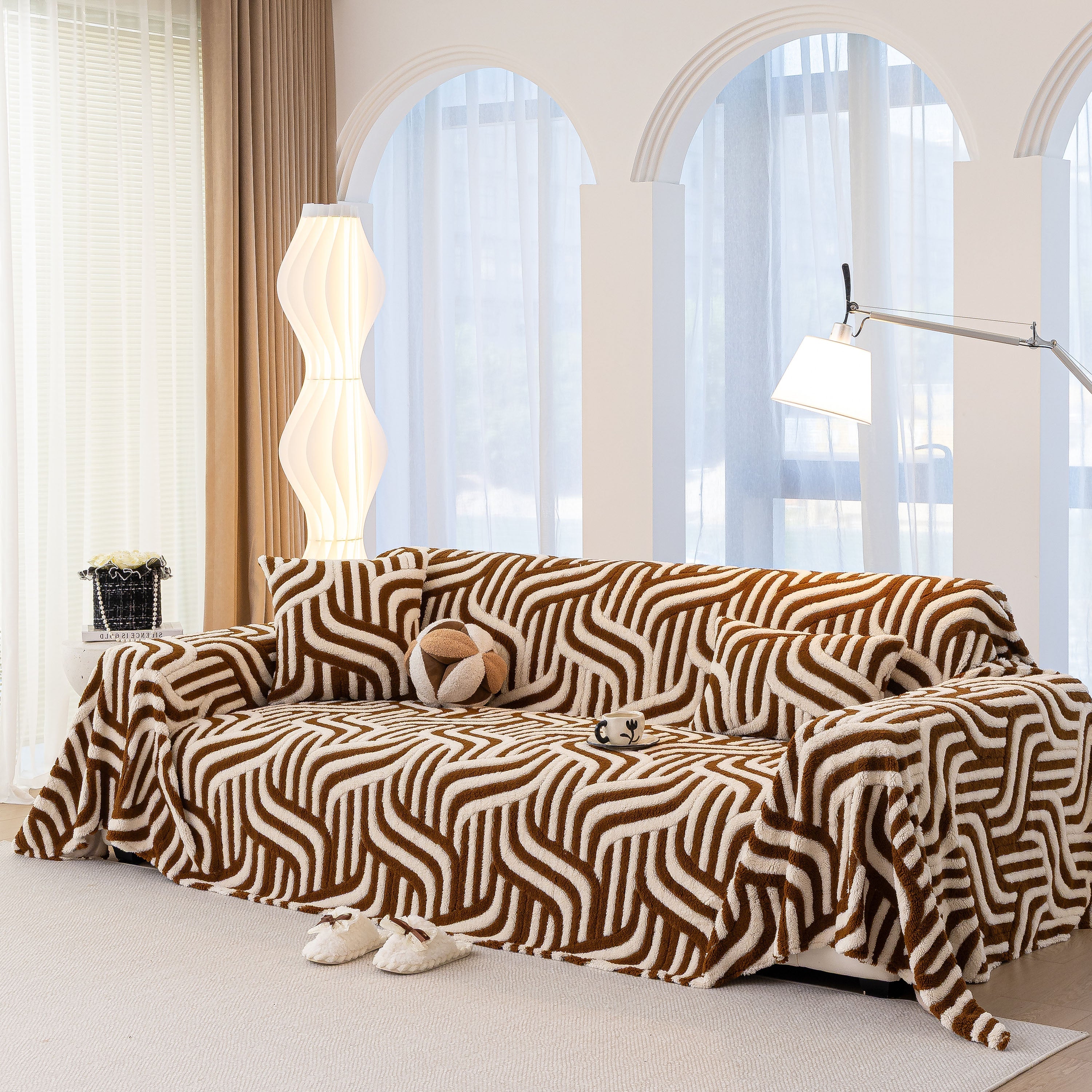 Plush Sherpa Sofa Throw Cover for Sectional, Jacquard Wave Throw Furniture Protector