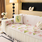 Ruffled Sweet Floral Sofa Cover with Skirt, Soft and Decorative Couch Throw Cover