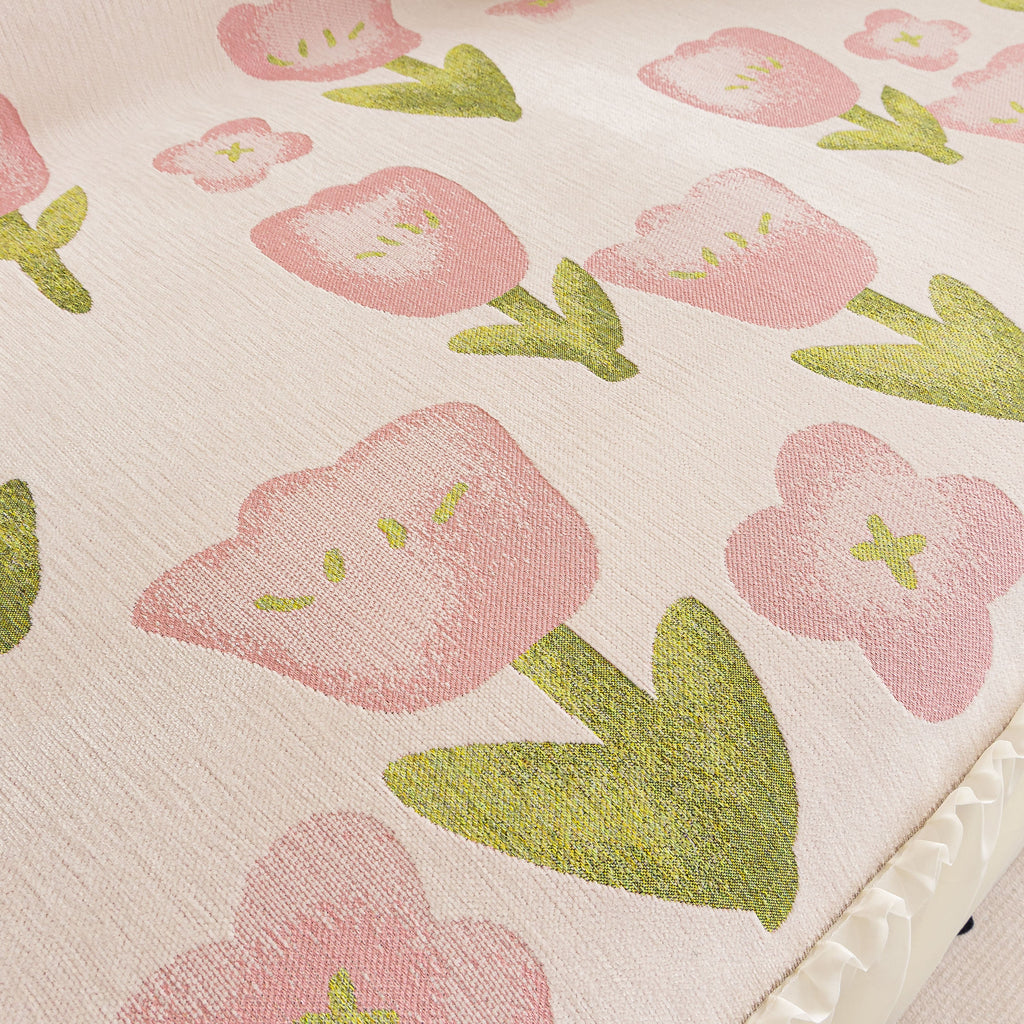 Ruffled Sweet Floral Sofa Cover with Skirt, Soft and Decorative Couch Throw Cover