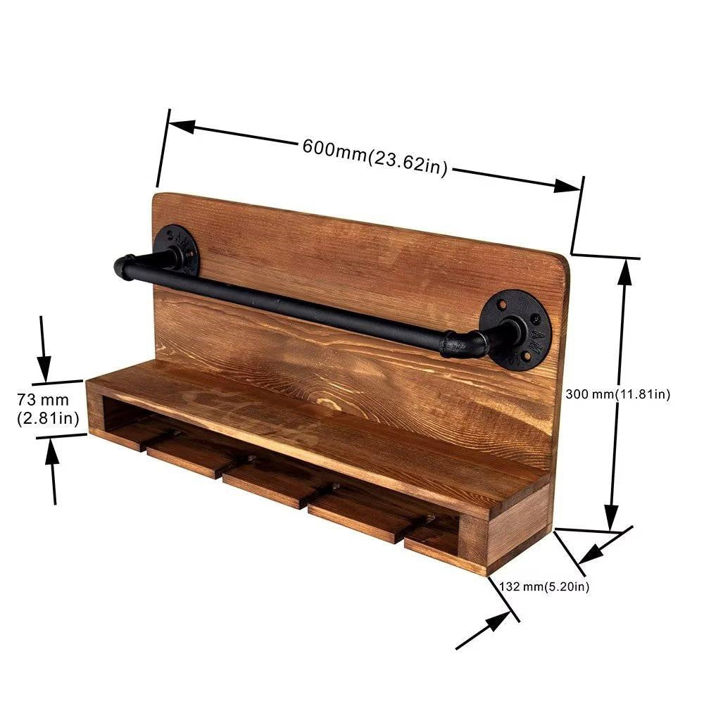 4 Bottle Rustic Farmhouse Wall Mounted Wine Rack with Glass Holder