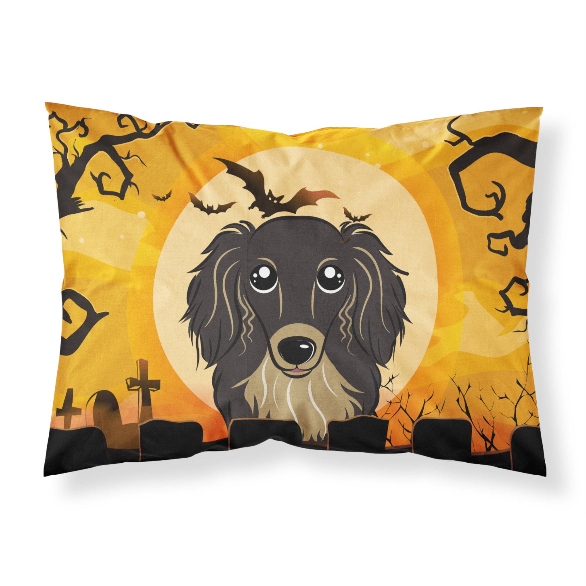 'Caroline'S Treasures Bb1771Pillowcase Halloween Longhair Black And Tan Dachshund Fabric Standard Pillowcase, Large, Multicolor