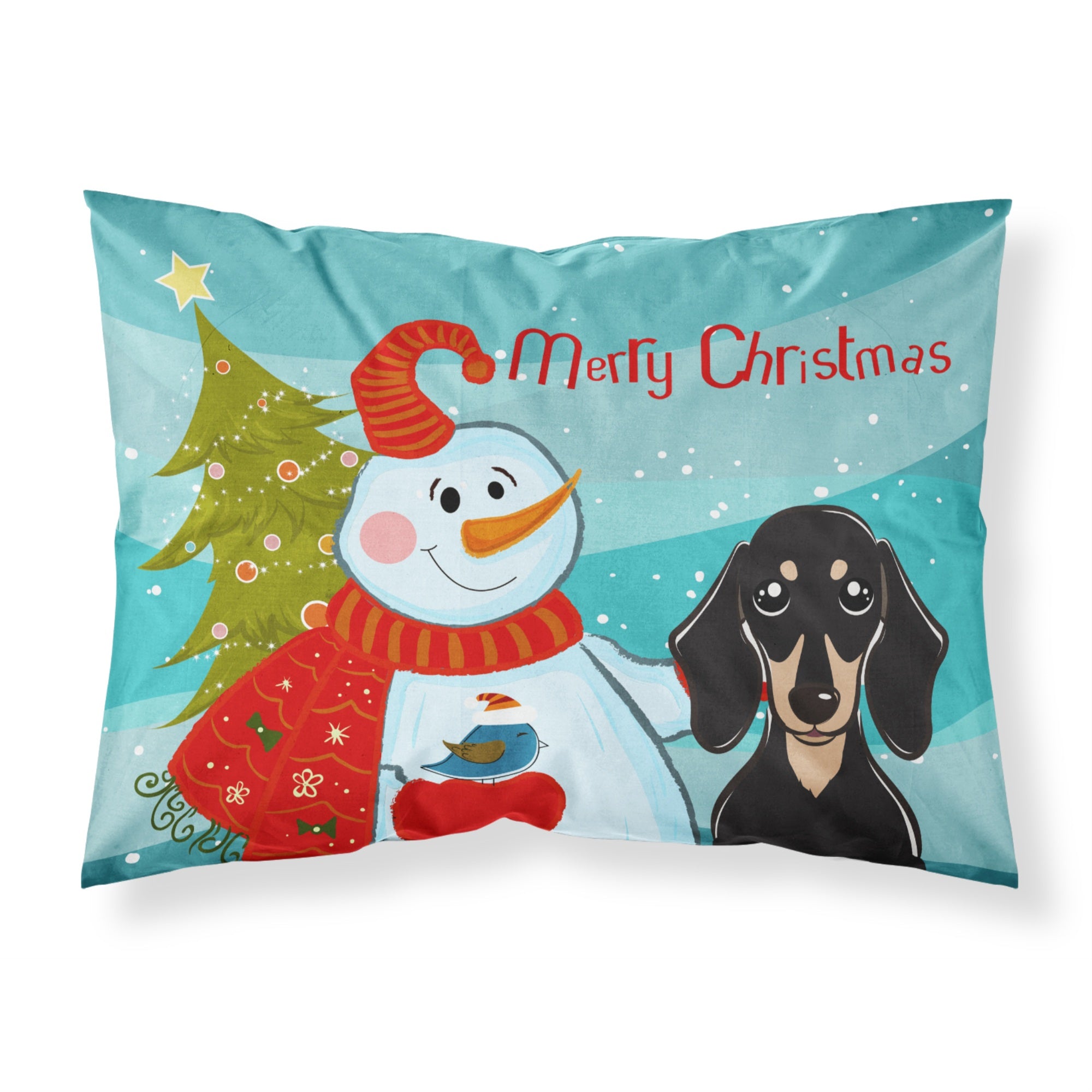 'Caroline'S Treasures Bb1835Pillowcase Snowman With Smooth Black And Tan Dachshund Fabric Standard Pillowcase, Large, Multicolo