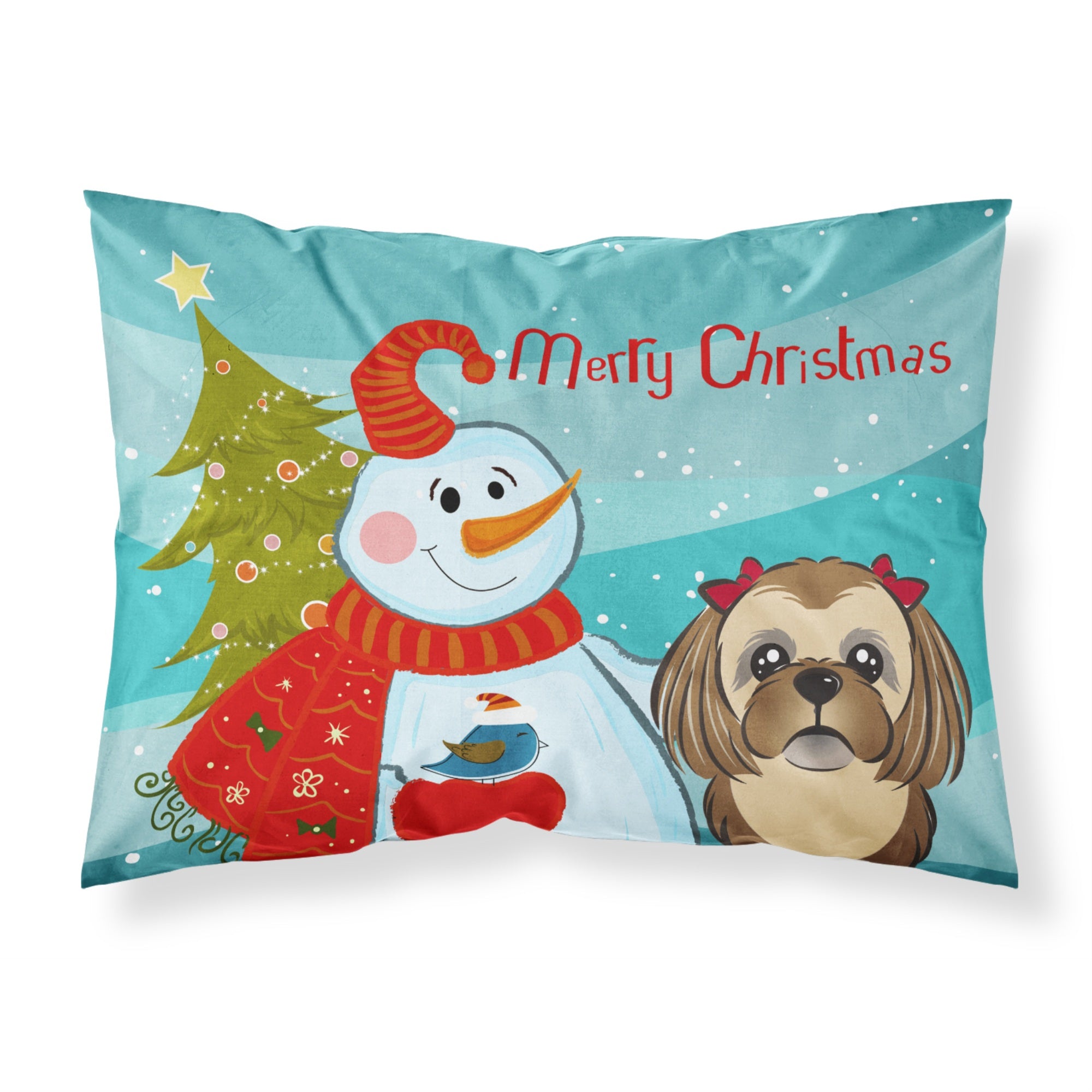 'Caroline'S Treasures Bb1869Pillowcase Snowman With Chocolate Brown Shih Tzu Fabric Standard Pillowcase, Large, Multicolor'
