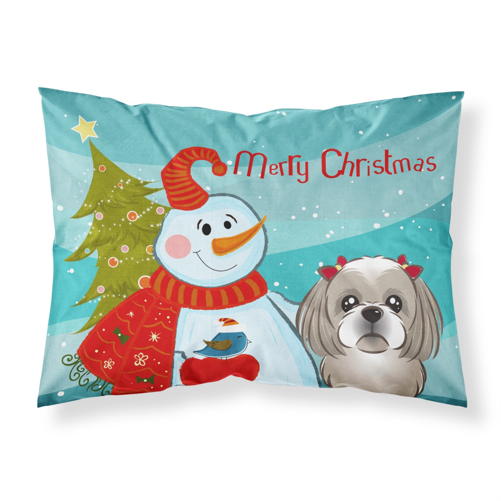 'Caroline'S Treasures Bb1870Pillowcase Snowman With Gray Silver Shih Tzu Fabric Standard Pillowcase, Large, Multicolor'
