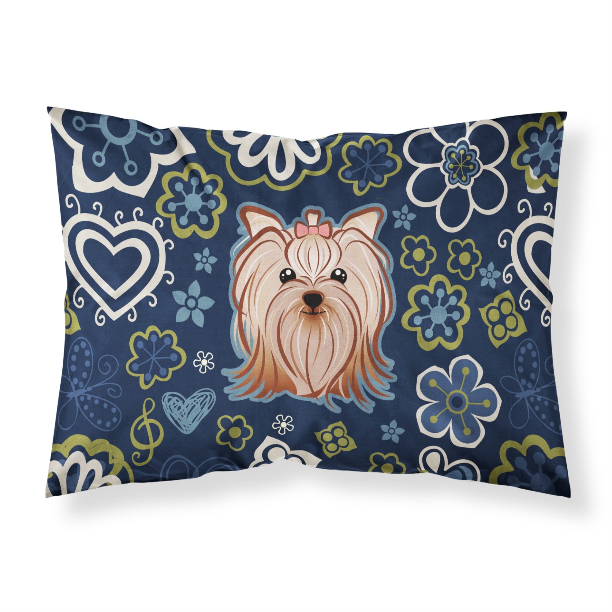Blue Flowers Yorkie Yorkishire Terrier Fabric Standard Pillowcase