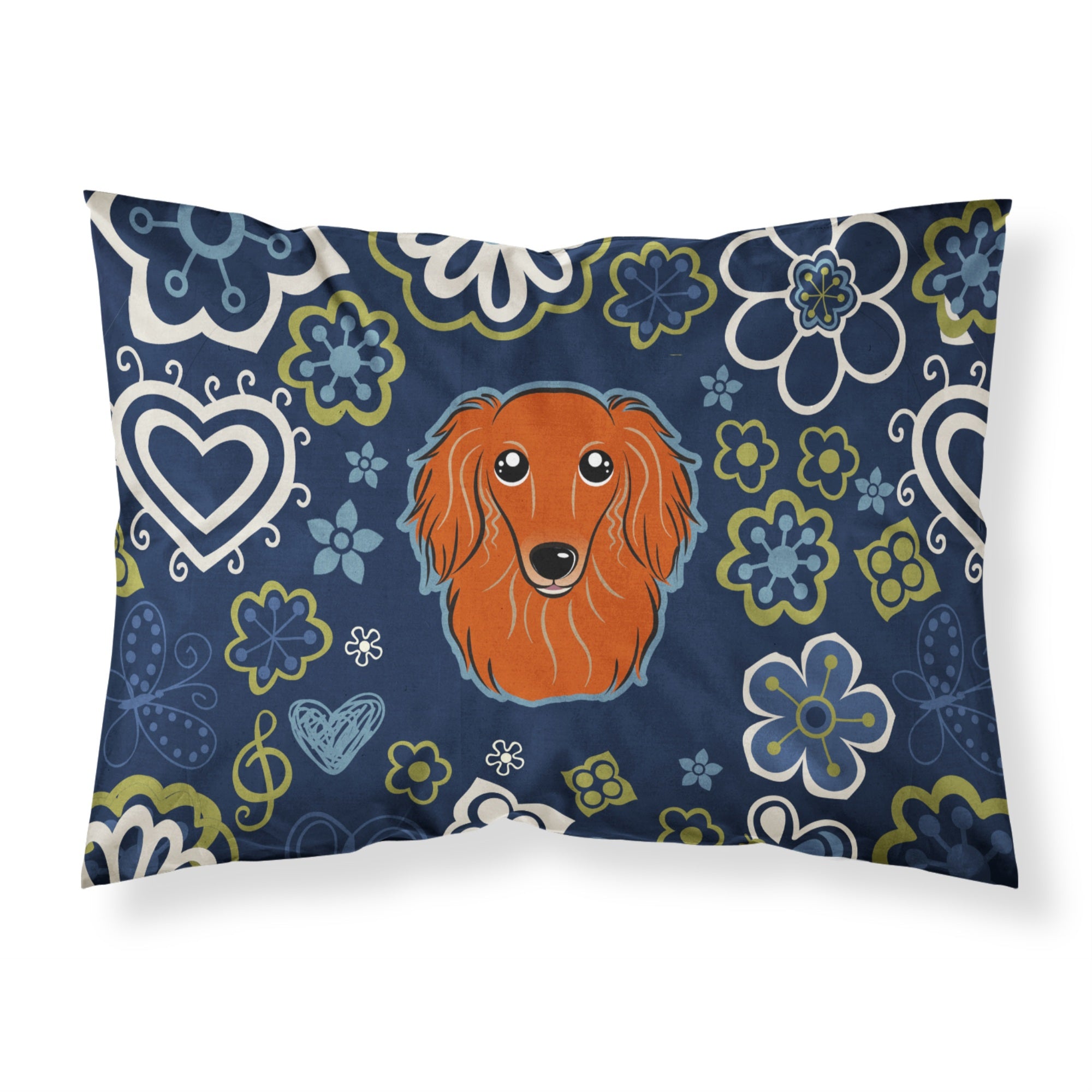 Blue Flowers Longhair Red Dachshund Fabric Standard Pillowcase