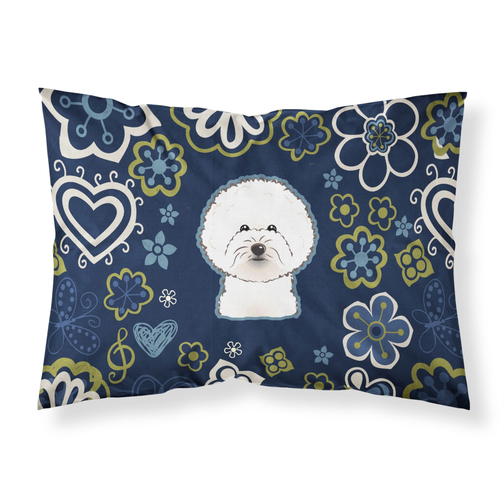 Blue Flowers Bichon Frise Fabric Standard Pillowcase